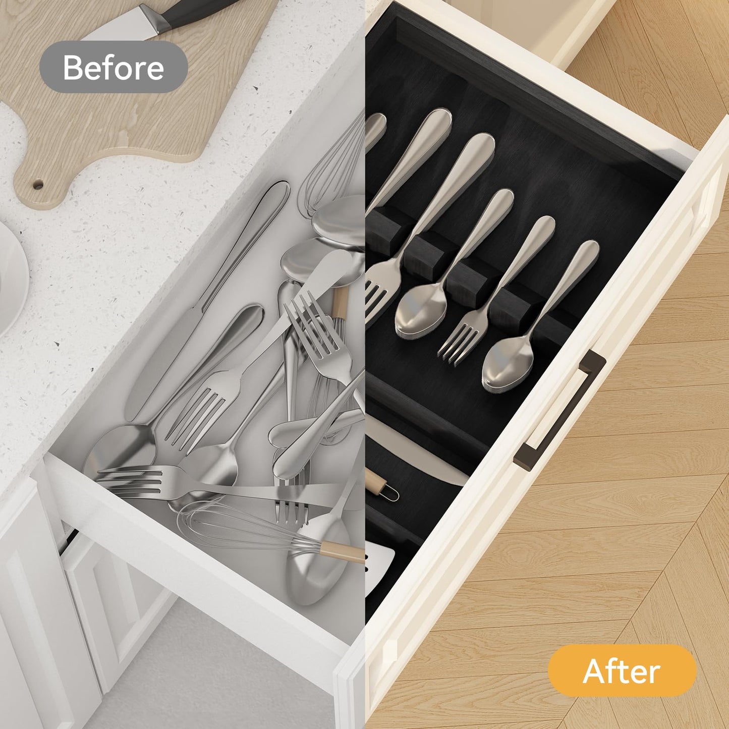 Yofidra Pure Bamboo Silverware Drawer Organizer: 16.5 Inch Large Silverware Utensil Tray Holder, 3-Compartment with 6 Card Slots Kitchen Flatware Organizer Home Essentials, 2024 New Upgrade