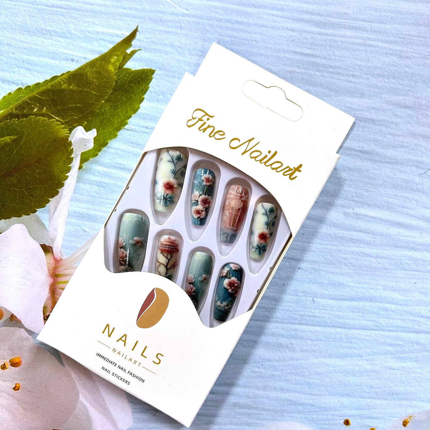 Chinese Style Begonia Press on Nails Medium Ballet Shaped Light Blue False Nails Flower Acrylic Nails Full Cover Stick on Nails Floral Design Artificial Coffin Nails Reusable Glue on Nails for Women