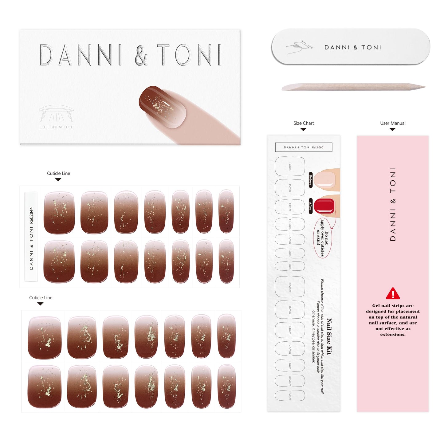 DANNI & TONI Semi Cured Gel Nail Strips Reddish Brown Gradient Gold Foil Gel Nail Wraps 28 Stickers | Golden Ember