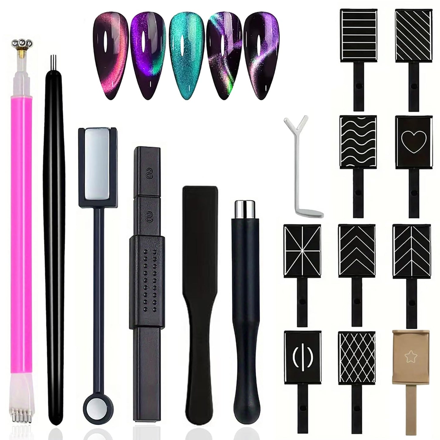 DAIXIANGER 17Pcs Cat Eye Nail Magnet Tool Set, Multi-Pattern Cat Eye Magnets for Nails, Double-Head Magnetic Stick & Magnetic Bead Applicator, DIY Manicure Gel Polish Design Tools