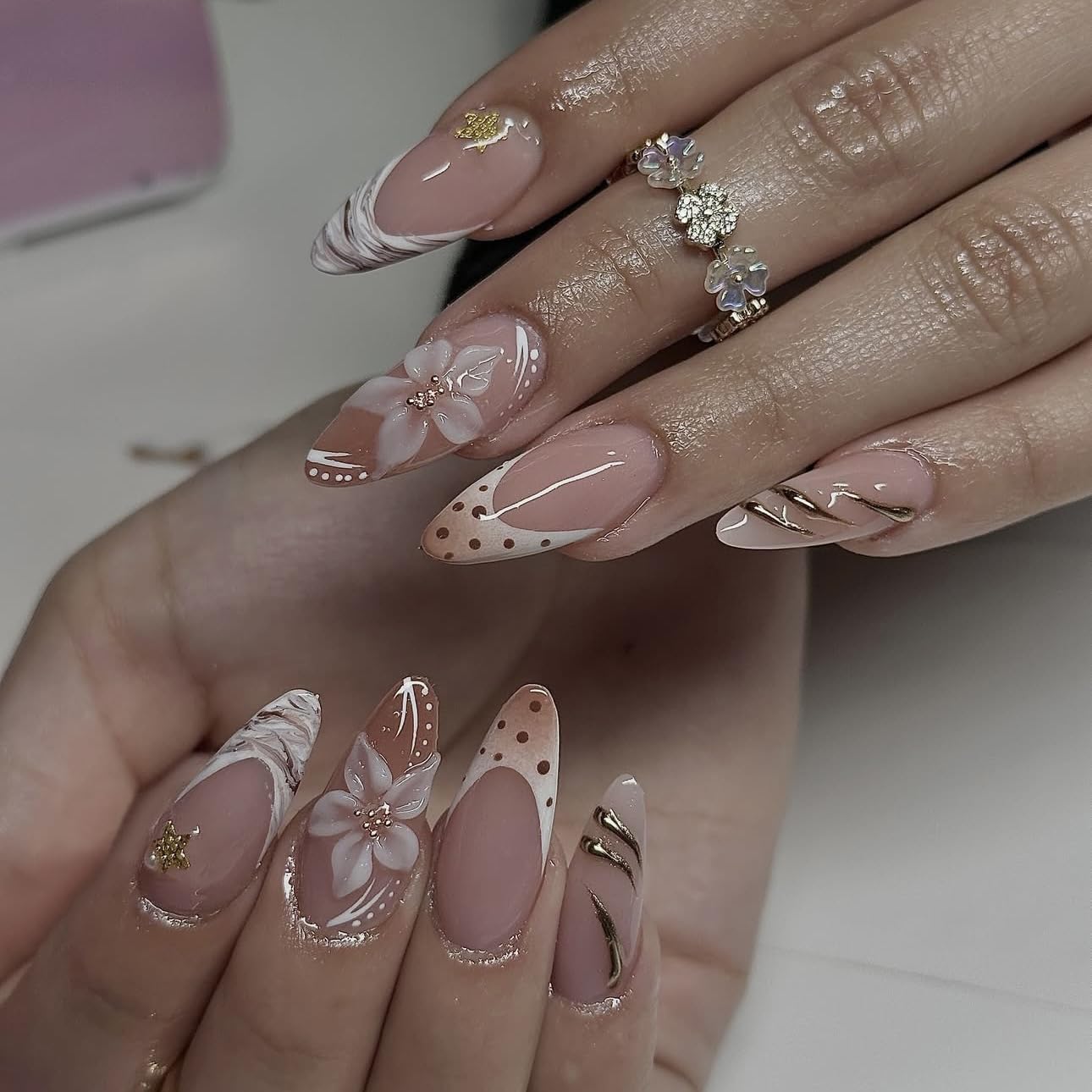 plalely Long Press on Nails Almond, Acrylic Press on Nails with Flower Designs, Long Almond Nail Tips for Women 24pcs