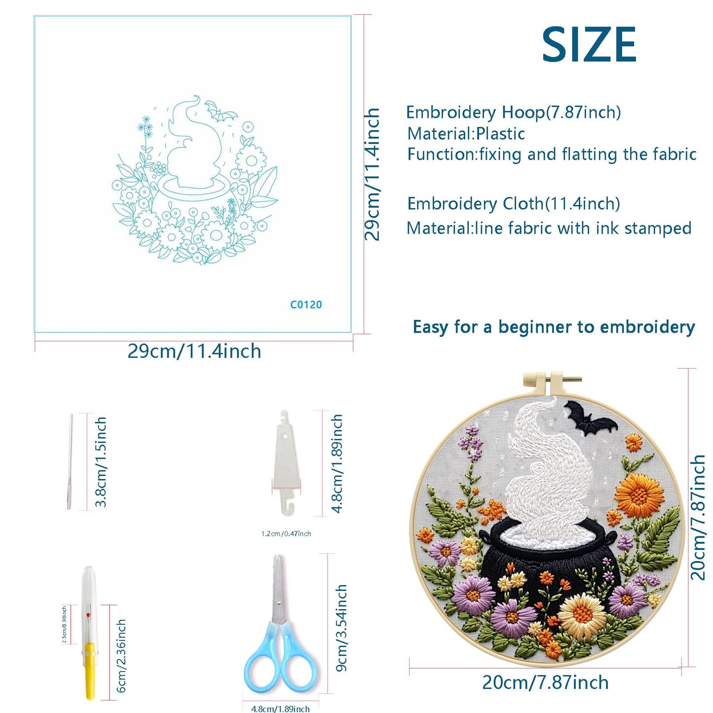 Zhenqing 4-Piece Halloween Embroidery Kit for Beginners - Spooky Ghost, Witch Hat, Black Cat & Cauldron Designs with Pre-Printed 29x29cm Cotton Fabric, Hoop, Threads & Tools(C0165)