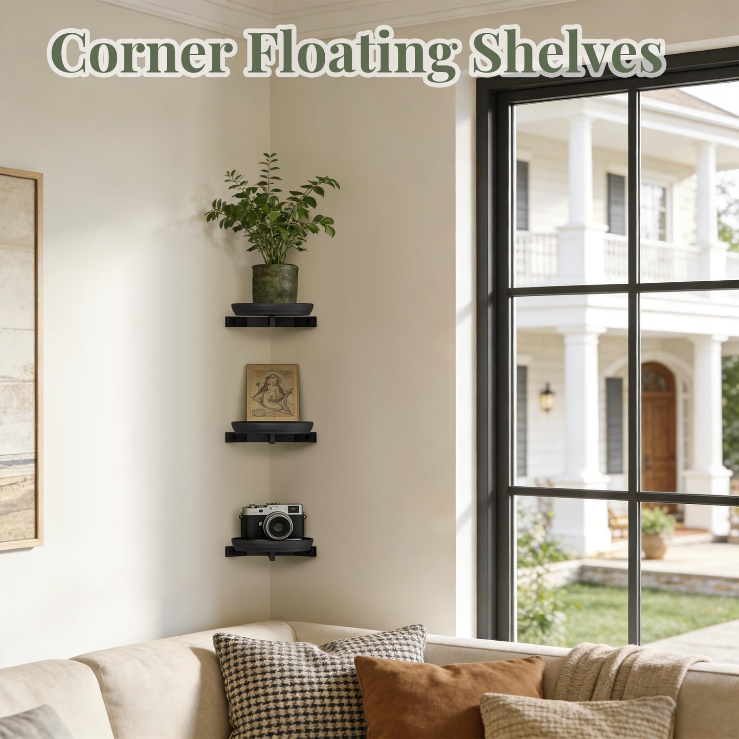 BXF Corner Wall Planters for Indoor Plants, 90 Degree Floating Shelves, Heavy Duty Mounted Holder, Minimalist Hanging Decor, Window Shelf Fits 4-7 Inch Pots, Black, 3 Pack