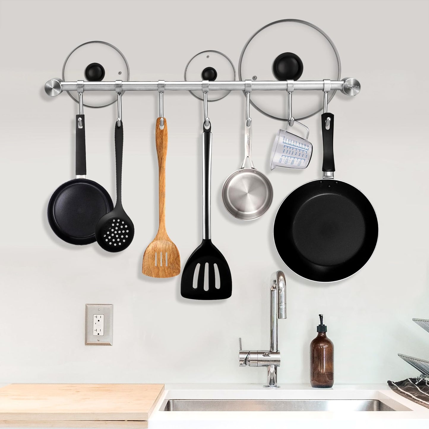 Pot Hangers 2 Pack - 16 Inch Wall Mount Or Under Cabinet Hanging Bars With 7 Sliding Hooks Per Rods, Heavy Duty Pot Rack Kitchen Organizer 304 Stainless Steel Utensil Hanger Versatile Space Saving