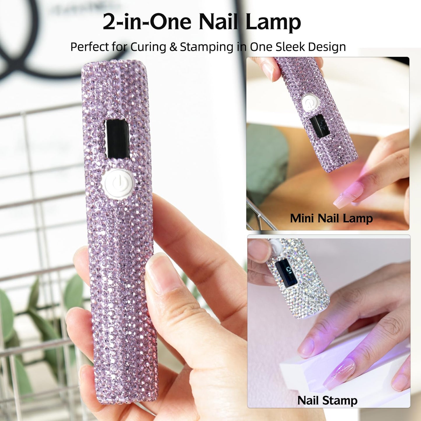 keeyada Handheld UV Nail Lamp with Sparkly Rhinestones, 3W Portable LED Nail Lamp, Wireless Rechargeable USB Nail Dryer with Silicone Stamper, LCD Display, Ideal for Home DIY Manicures (Violet)