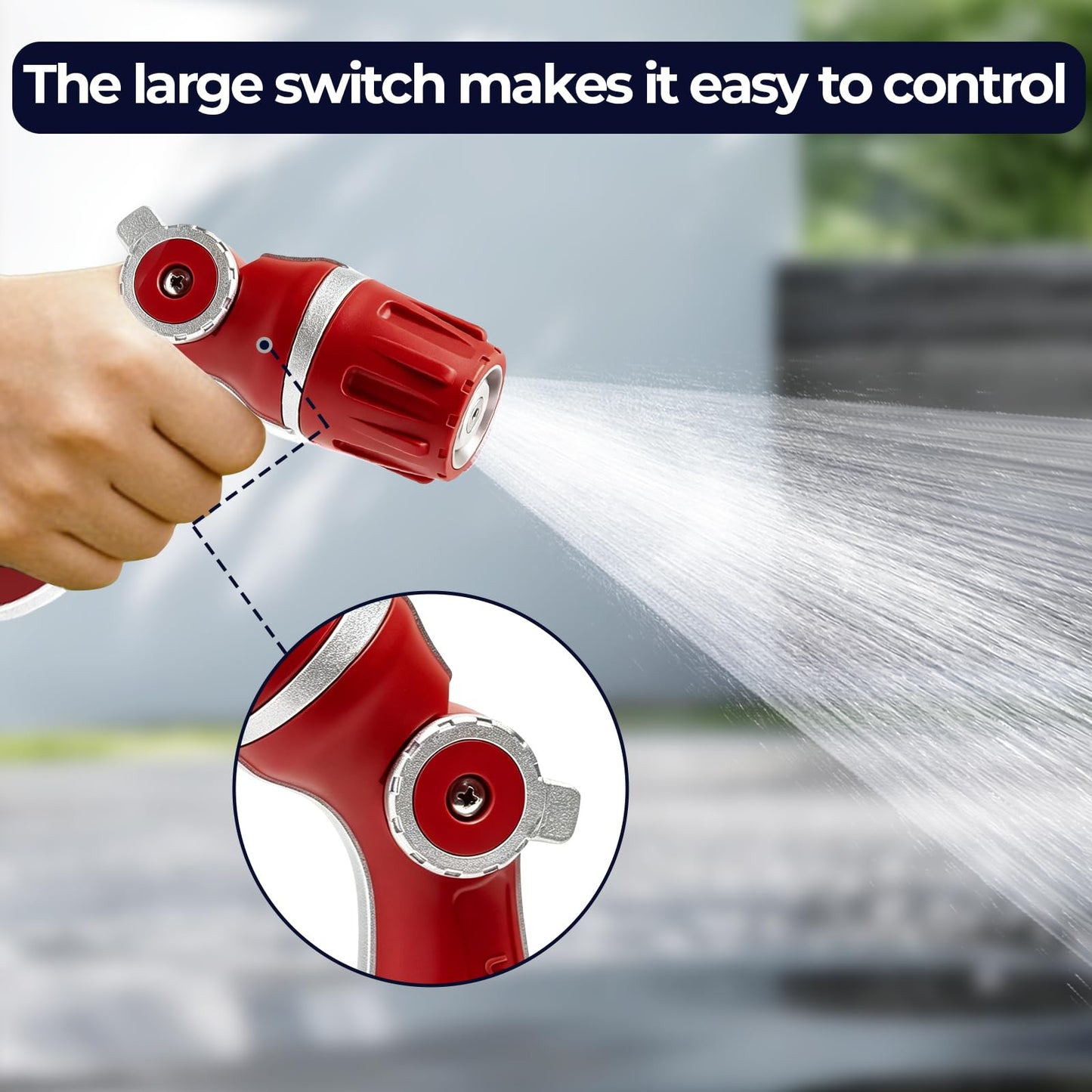 HugeDawn Garden Hose Nozzle, Heavy Duty High Pressure Metal Hose Spray Nozzle with 30% Greater Water High Flow, 3 Spray Patterns, Non-Slip Thumb Control for Quick Watering & Cleaning (Red)
