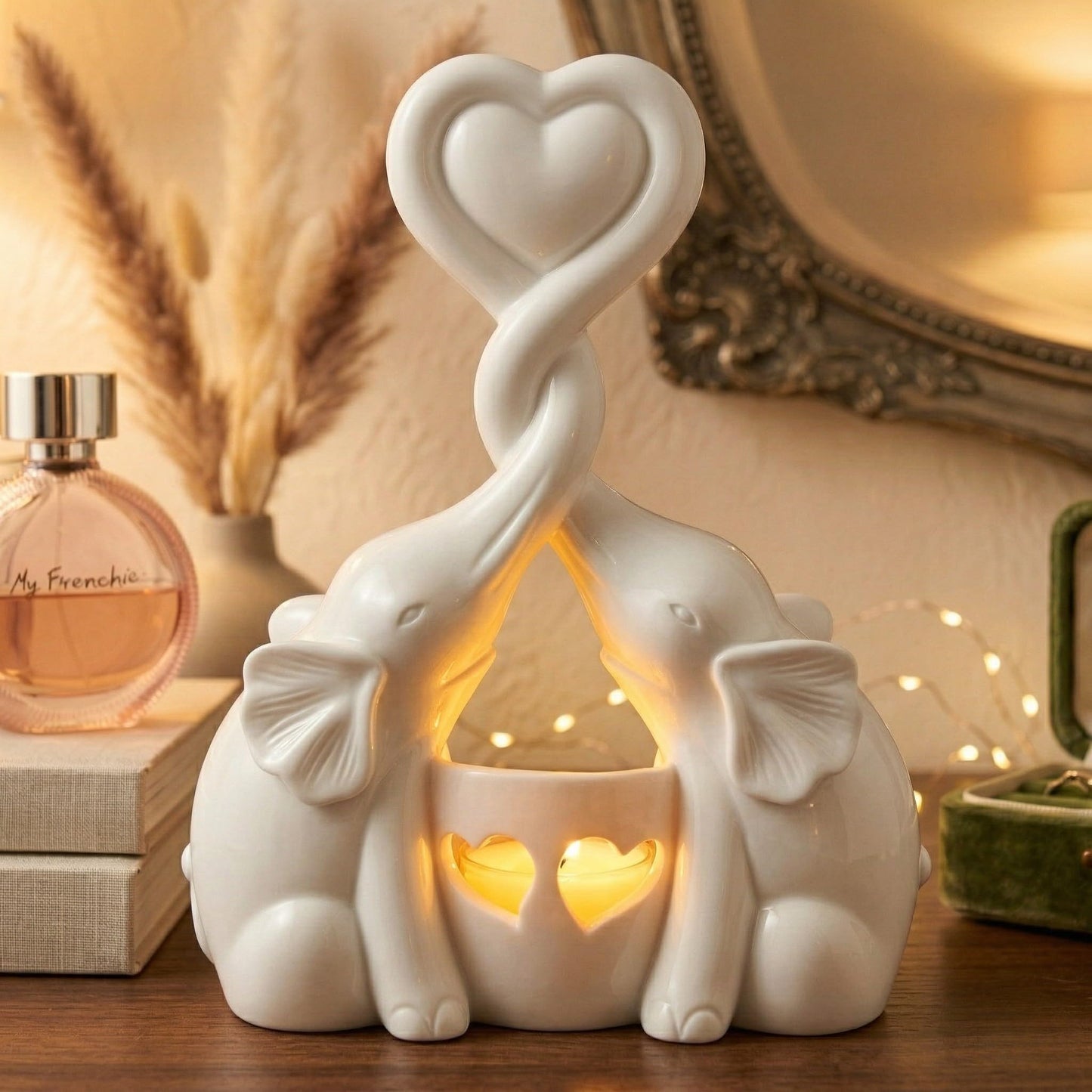 Elephant Love Candle Holder Statue - Elegant Gift Home Decor for Women Living Room or Bedroom - Flickering LED Candle Included - Ivory 14th Anniversary, Couples, Parents Valentine's Present