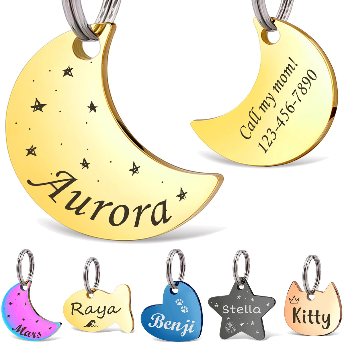 Anavia Small Size Dog Cat ID Tags, Small/XS Personalized Color Plated Stainless Steel Puppy Kitten Name Tags, Customized Engraved Nameplate Pet Collar Tag (Blue, Star)