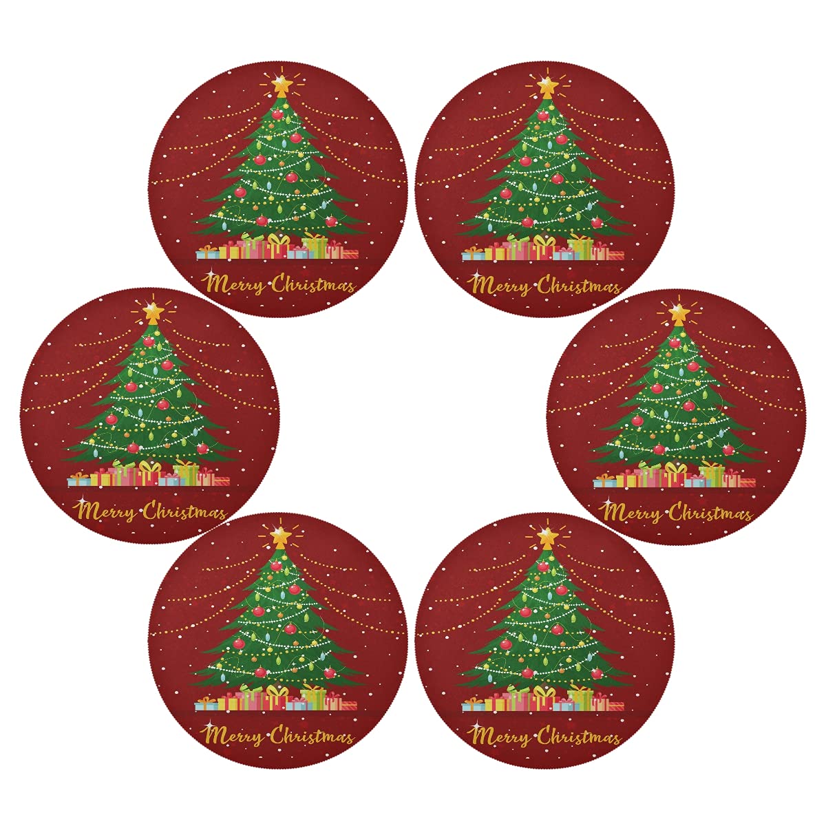 6 Pack Round Placemats Christmas Tree with Gift Boxes Table Mats Heat-Resistant Stain Resistant Anti-Skid Washable Placemats 15.4 Inch