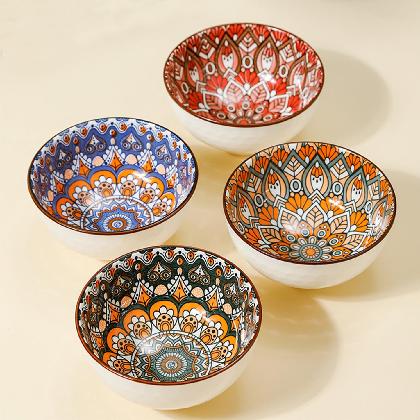 AQUGOO 4 Pcs Ceramic Bowls Set, Bohemian Style Colorful Bowl, Ceramic Rice Bowls 10 oz, New Year Gift Set, Housewarming Gift, Dishwasher & Microwave Safe Bohemian Bowls Sets