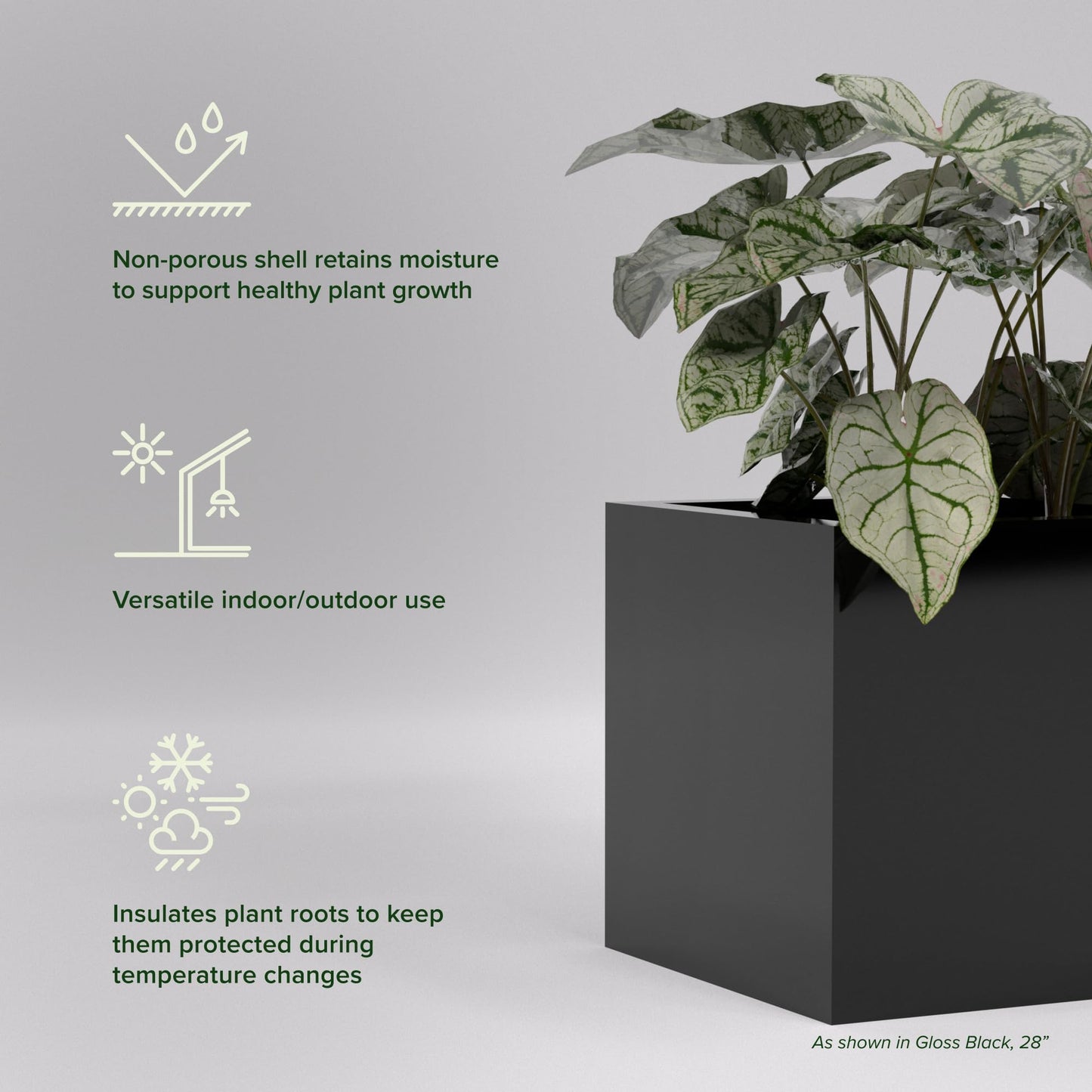 Greenline Jack Square Cube Planter - Indoor/Outdoor Large Fiberglass Lightweight Planter - 28" x 28" x 28" (Gloss Black)