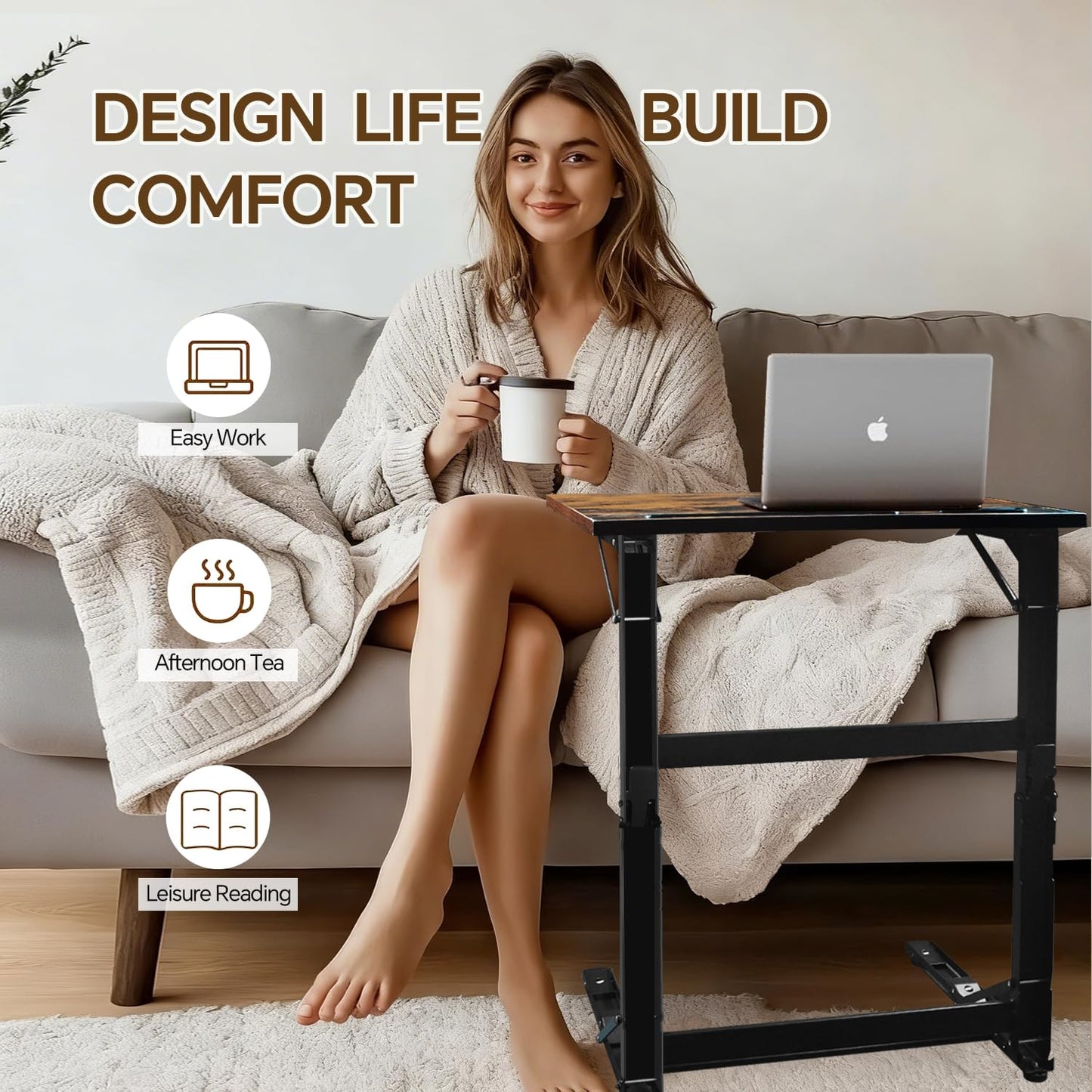 YIBOLIN'S Couch Table Tray - Foldable TV Dinner Tray Table with No Assembly, Large Surface Laptop Stand for Couch, C-Shaped Bed Tray, Sturdy Slide-Under Sofa Table (16" Extra Wide)