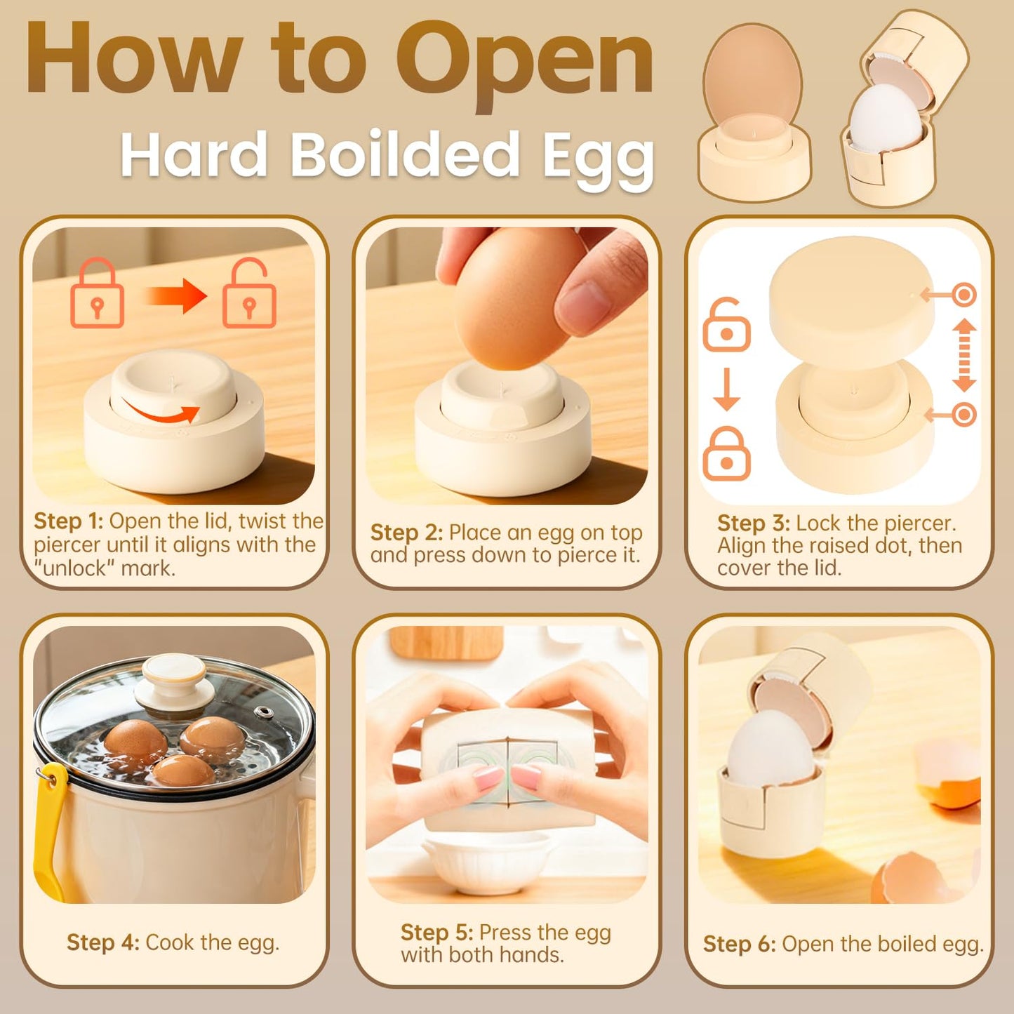 2 in 1 Egg Shell Opener with Piercer, Hard Boiled Egg Peeler, Cute Egg Cracker for Raw Eggs, Egg Separator for Home Kitchen Gadgets Tool, Beige