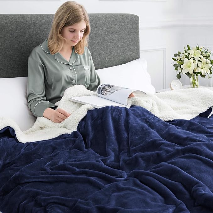 IR Imperial Rooms Sherpa Blankets Queen Size - Thick and Warm Blankets for Winter, Reversible Soft and Fuzzy Fluffy Queen Size Blanket for Bed, Navy, 90x90 Inches