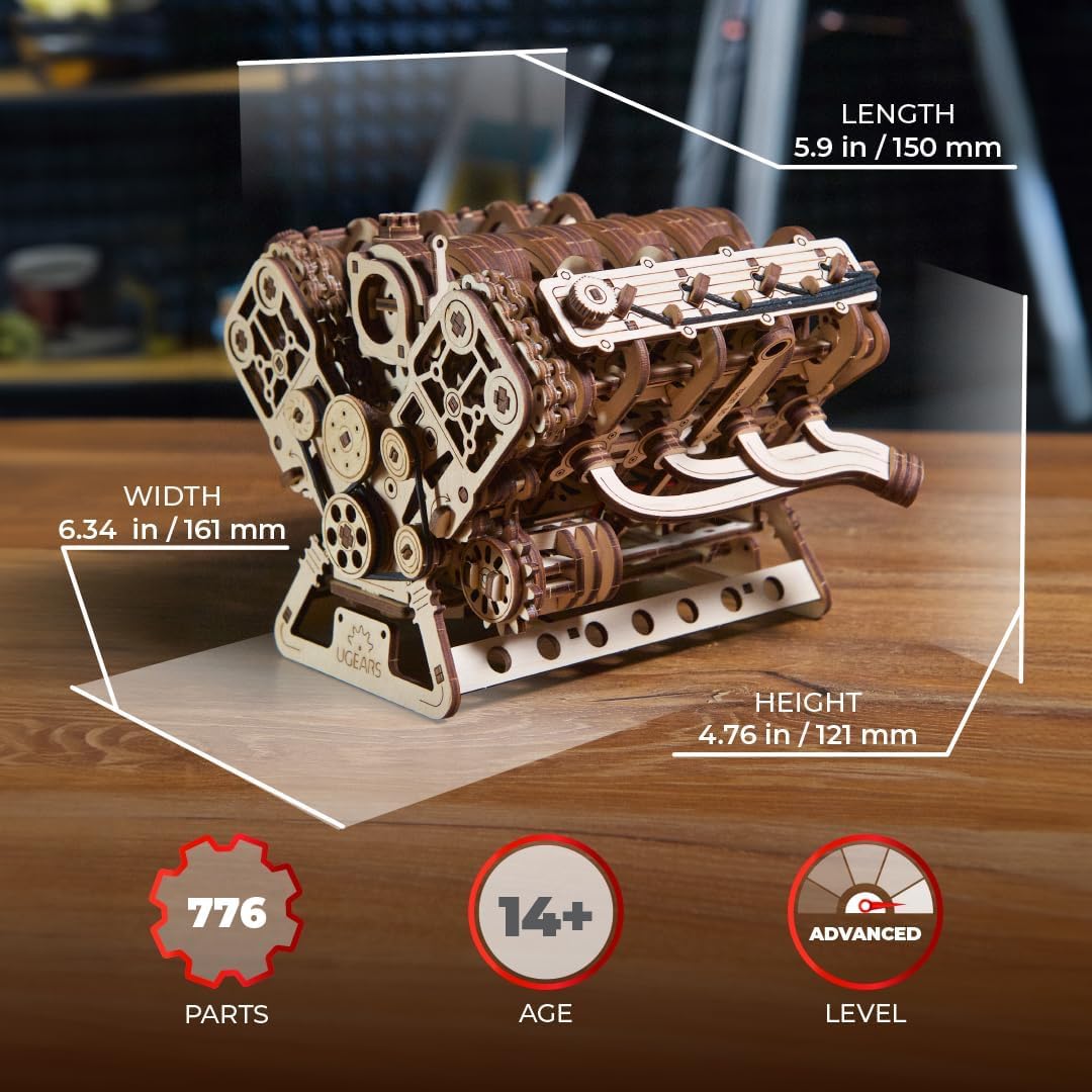 UGEARS V8 Engine Model Kit - 3D Wooden Puzzles for Adults, 3D Puzzle Model Engine Kit, DIY Kits Gifts for Engineers for Christmas, Wooden Model Kits for Adults to Build, Brain Teaser Hobby Set