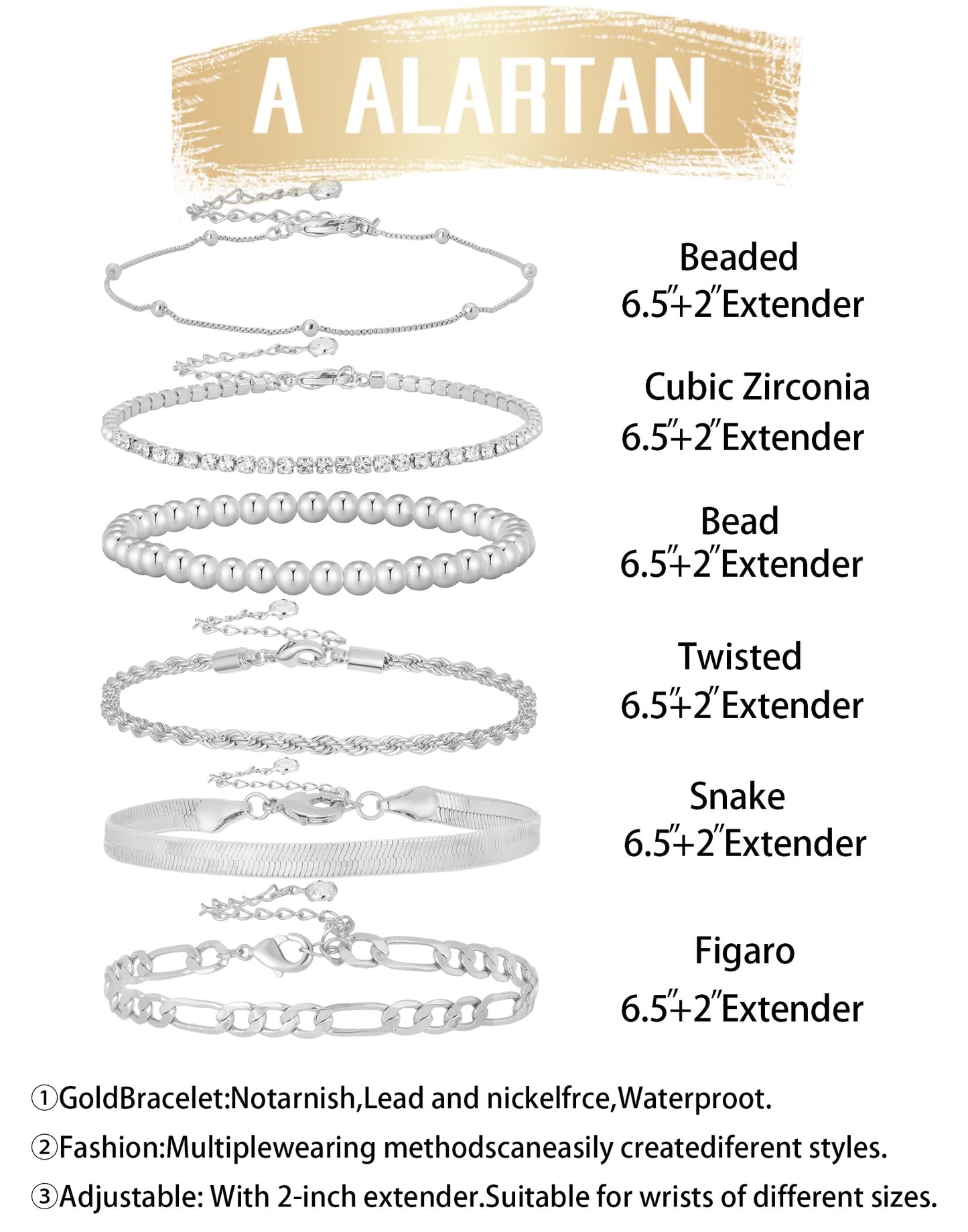A ALARTAN Gold Bracelets for Women 14K Gold Plated Stack Trend Bracelets Charm Paperclip Chain Bracelet (6Pcs Beaded Silver)