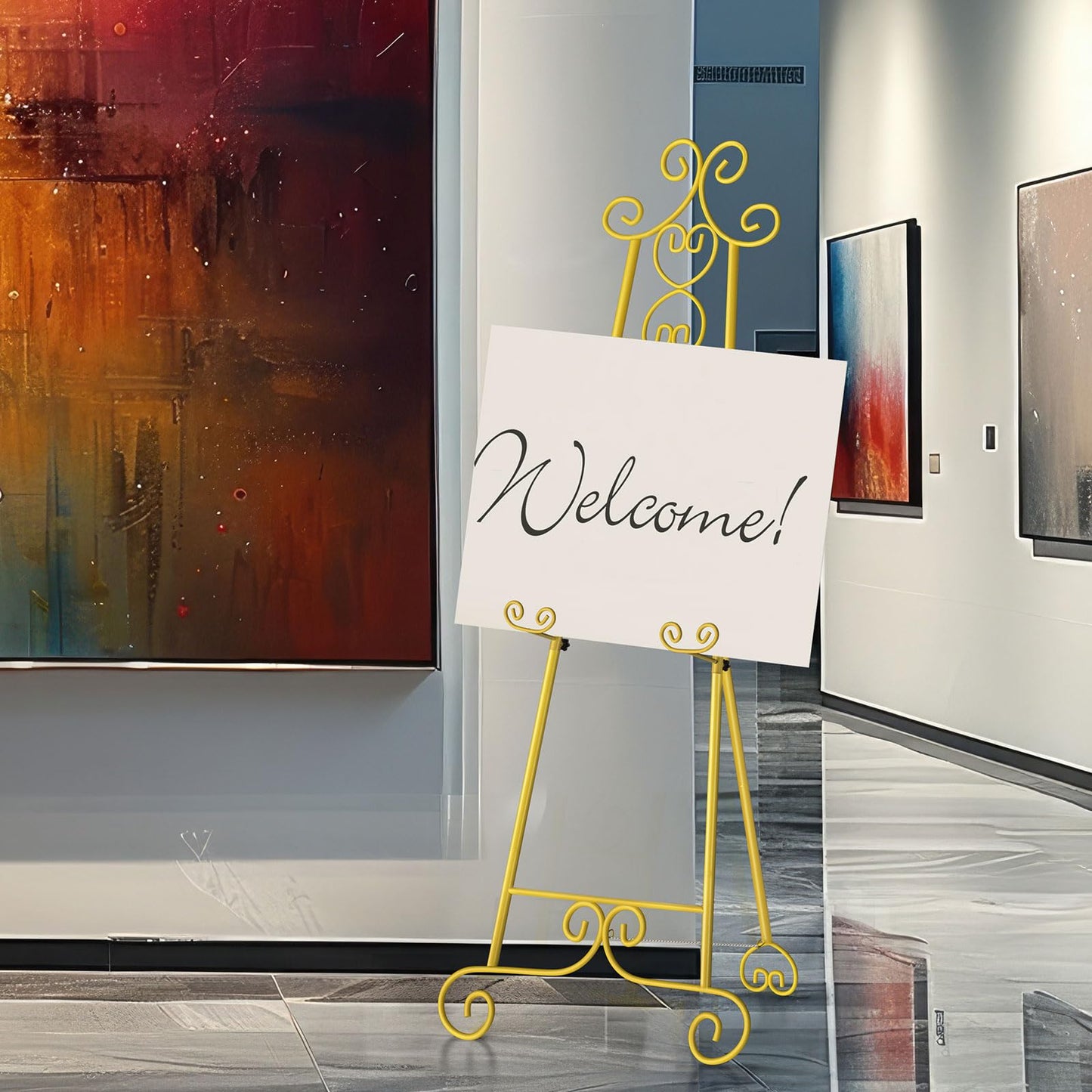 Skcoipsra 59IN Gold Easel Stand for Sign, 3 Tier Adjustable Larger Wedding Welcome Sign Holder, Art Poster Display Stand Free Standing with Chain