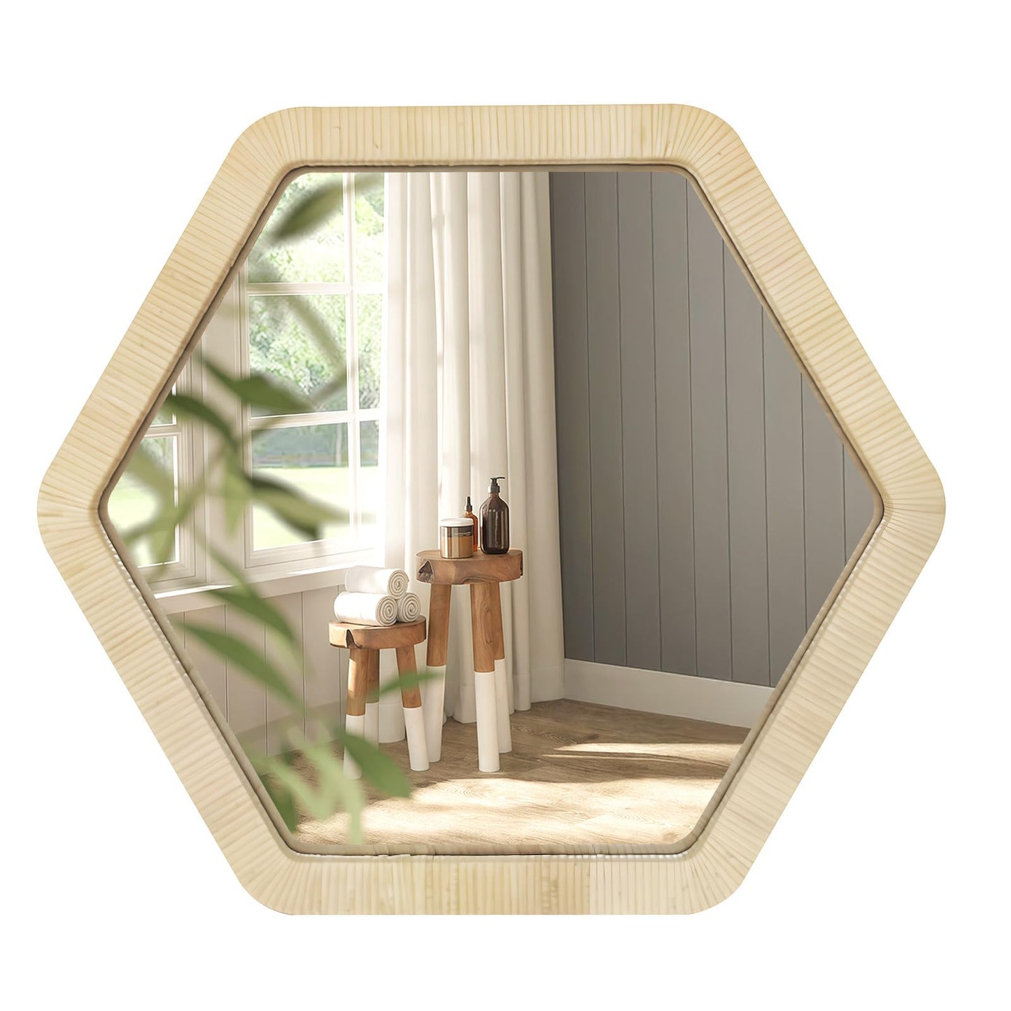 ULIKE Rattan Wicker Mirror for Wall,Boho Woven Bathroom 30 Inch Rustic Farmhouse Wall Decor with Handmade Rattan Frame, Boho Mirror for Nursery Bedroom Living Room Entryway