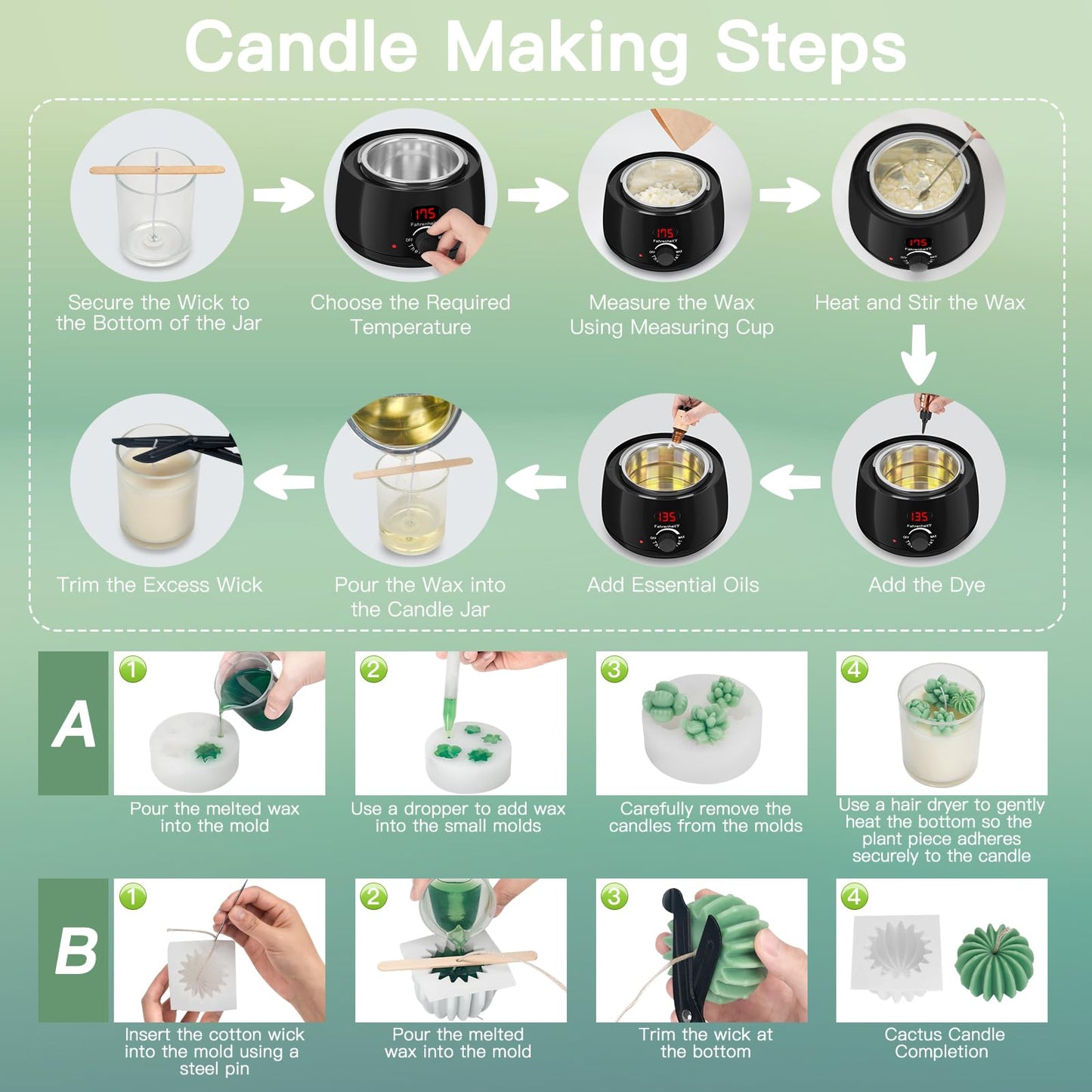 ZEROMX Candle Making Kit for Adults & Beginners - All-in-One DIY Candle Supplies with 1200g Natural Soy Wax, Hot Plate, 2 Succulent Molds, 8 Jars & Gift Boxes | Perfect for Home Crafts & Gifting