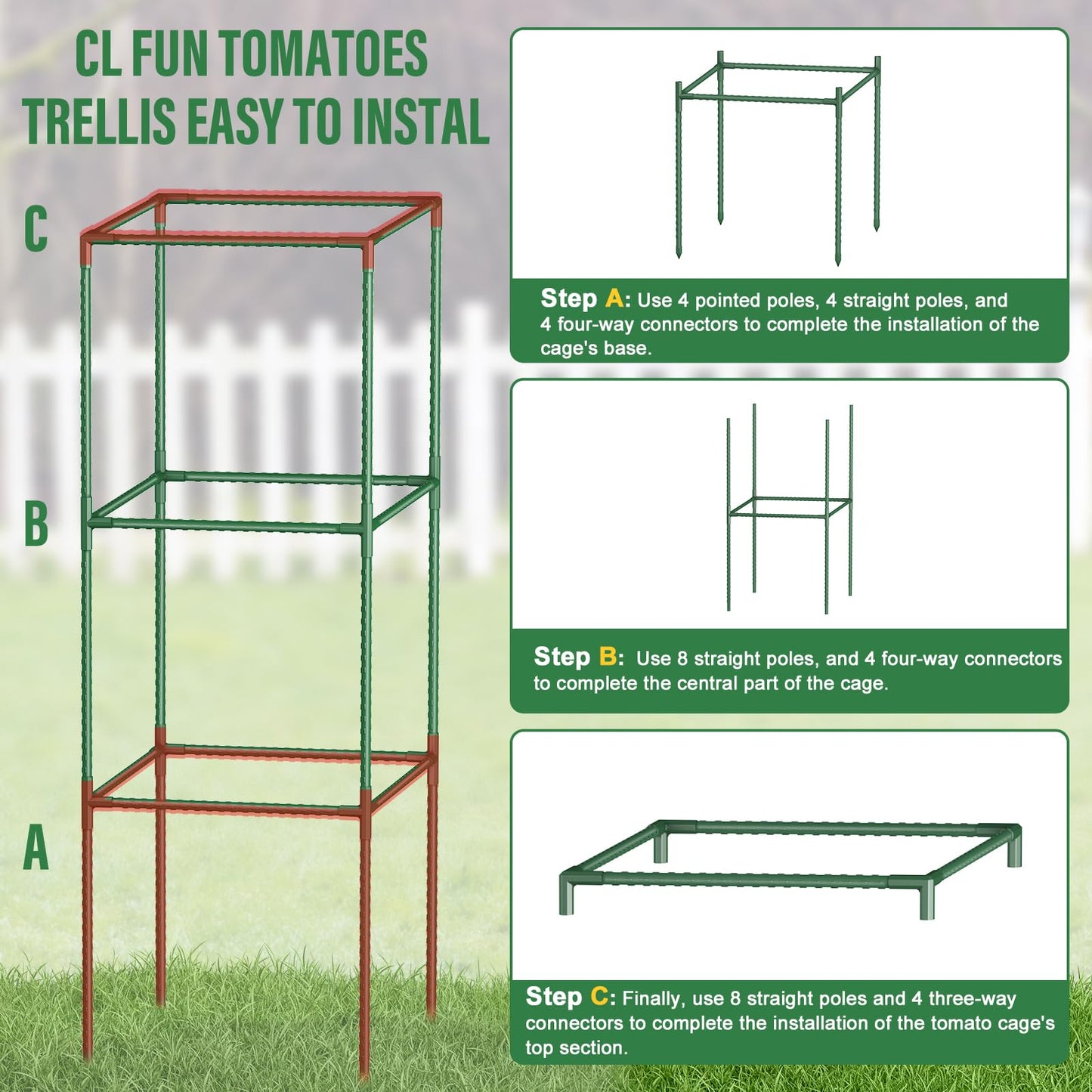 Square Tomato Cages for Garden: 3 Pack Heavy Duty Plant Cage - 48.5in Adjustable Height Tomato Plant Support cage for Flowers, Fruits, Vegetable