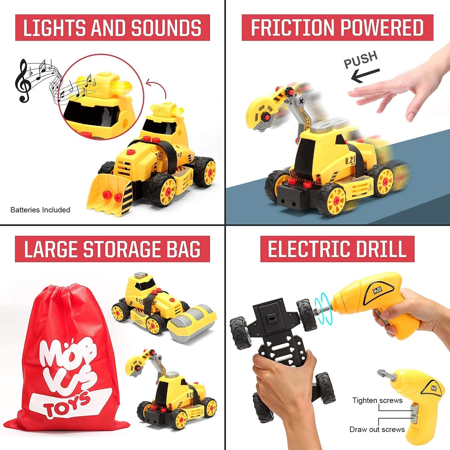 MOBIUS Toys 7-in-1 Take-Apart Truck Construction Set – STEM Building Toy w/Drill, Lights & Sounds – Buildable Dump Truck, Excavator & More - Educational Engineering Toy for Kids Ages 3–8