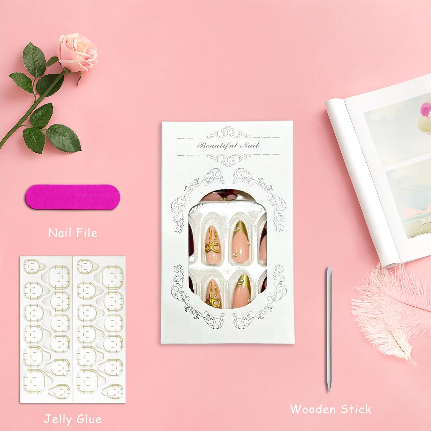 Retro 3D Pearl Press on Nails Gold Bow French Tip Fake Nails Long Almond Acrylic False Nail Glossy Full Cover Glue on Nail for Women