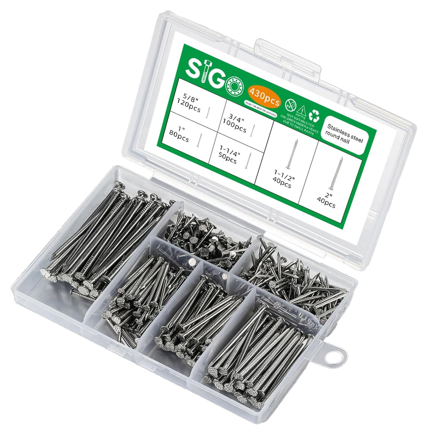 SIGO 430pcs Stainless Steel 304 Nails Kit, 6 Sizes (5/8", 3/4", 1", 1-1/4", 1-1/2", 2") for Picture Hanging, Wall & Woodworking Projects