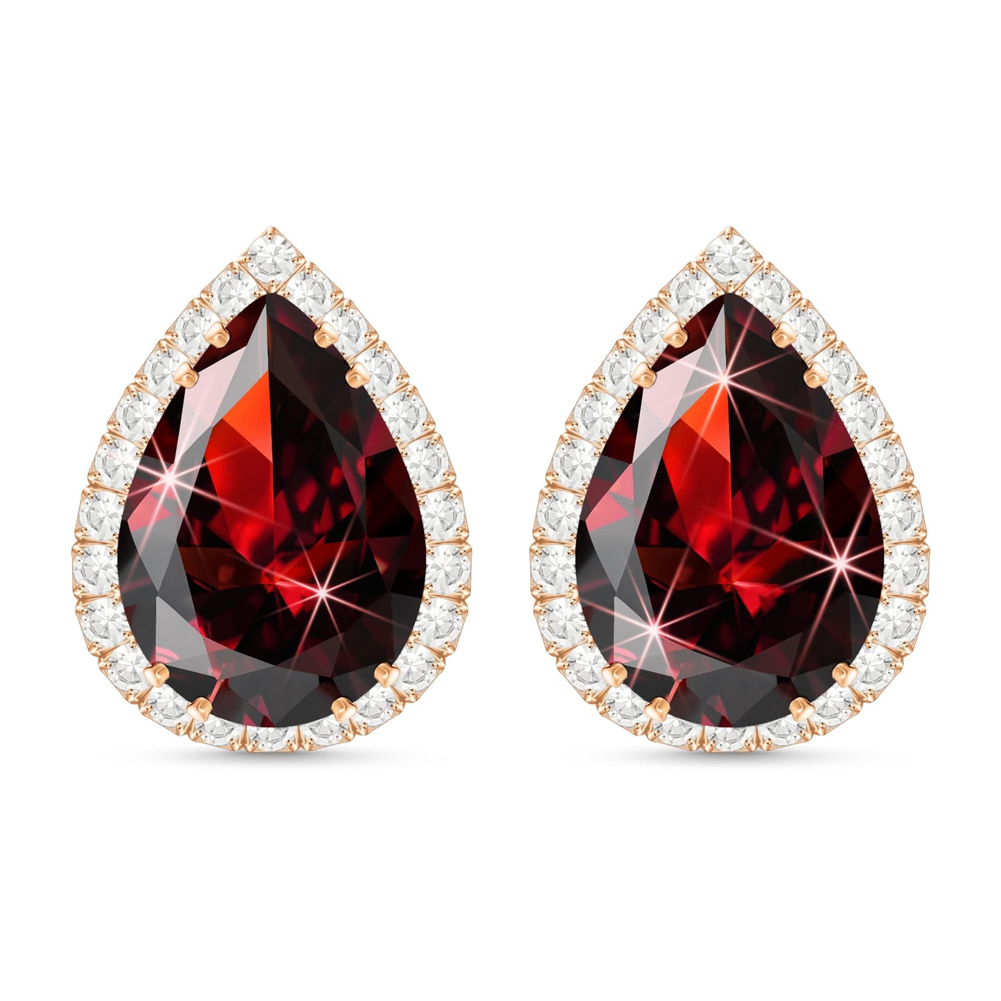 Linawe Burgundy Red Imitation Diamond Stud Earrings for Women, Cubic Zirconia Earrings Studs Rose Gold, Teardrop Statement Rhinestone Garnet Crystal Earrings Set, Costume Wedding Jewelry