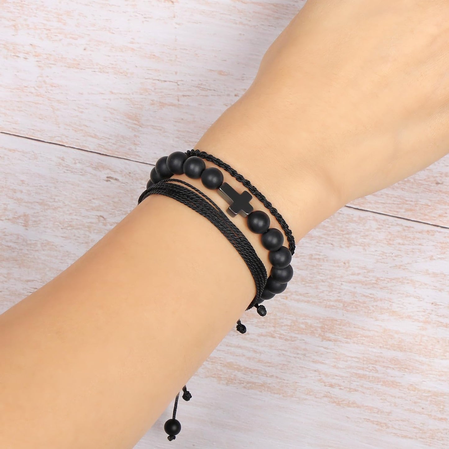 QOGIR Handmade Healing Bracelets,8mm Natural Matte Black Onyx Cross Beaded Bracelet for Men Women Gifts with 2PCS Size Adjustable Rope Bracelets
