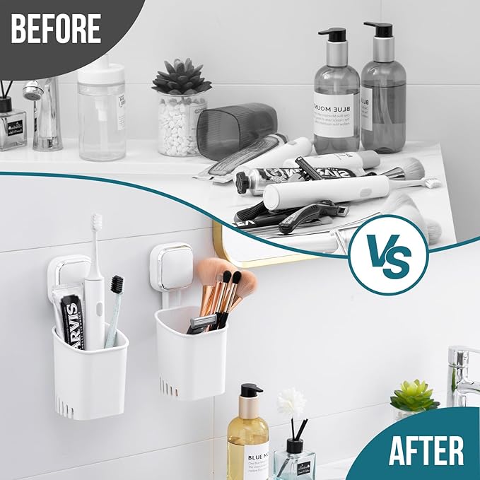 TAILI 2 Pack Suction Toothbrush Holder for Shower Wall, No Nail, No Glue! Self-draining Shower Cup for Toothpaste, Toothbrush, Kitchen Tableware, Strong Suction Cup Razor Holders for Bathroom, White