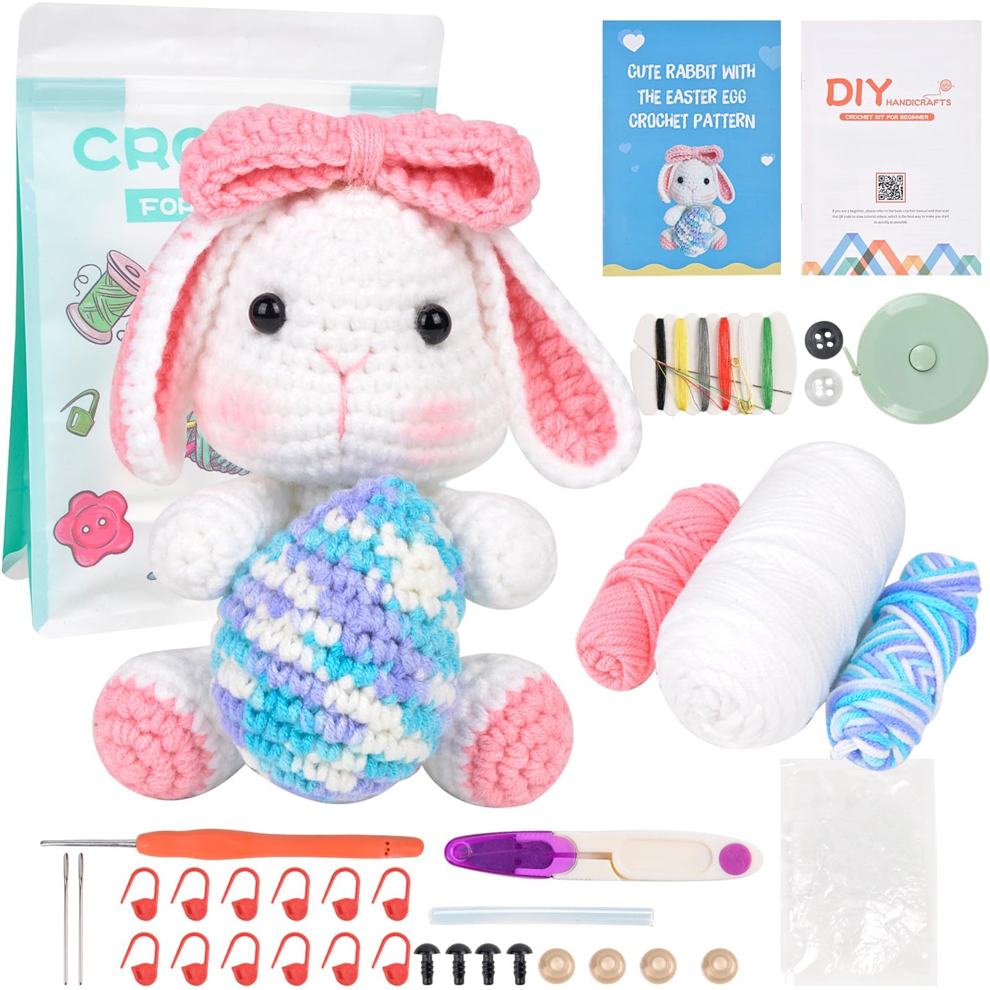 ChezMax Crochet Kit for Beginners, Easter Bunny Crochet Animal Kit with Yarn, Starter Kit with Step-by-Step Video Tutorials, Learn to Crochet Kits for Kids and Adults, DIY Knitting Craft Supplies Gift