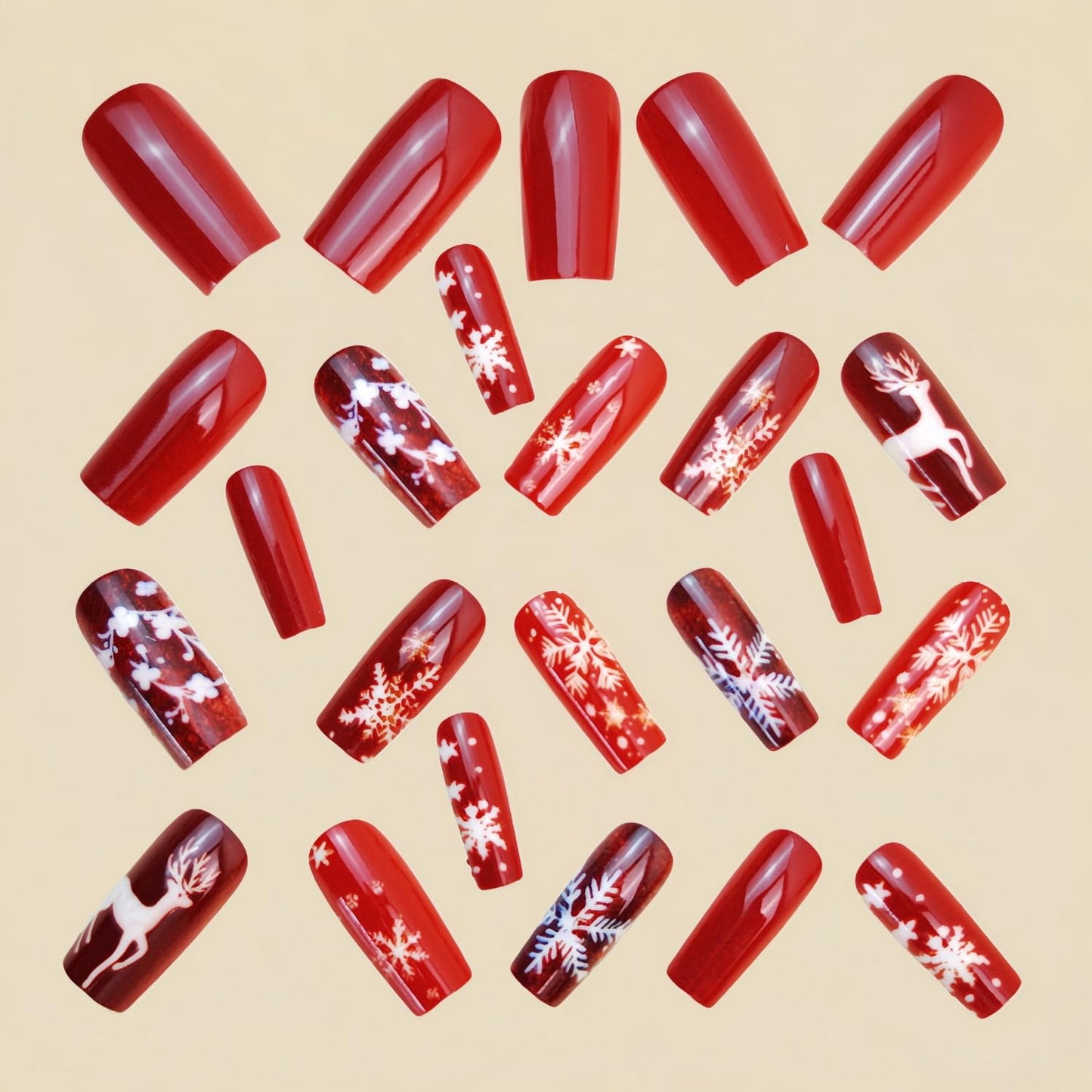 Christmas Press on Nails Medium Coffin Fake Nails White Elk Designs Winter Snowflake False Nails Full Cover Red Glitter Stick on Nails Sparkly Acrylic for Women 24 Pcs