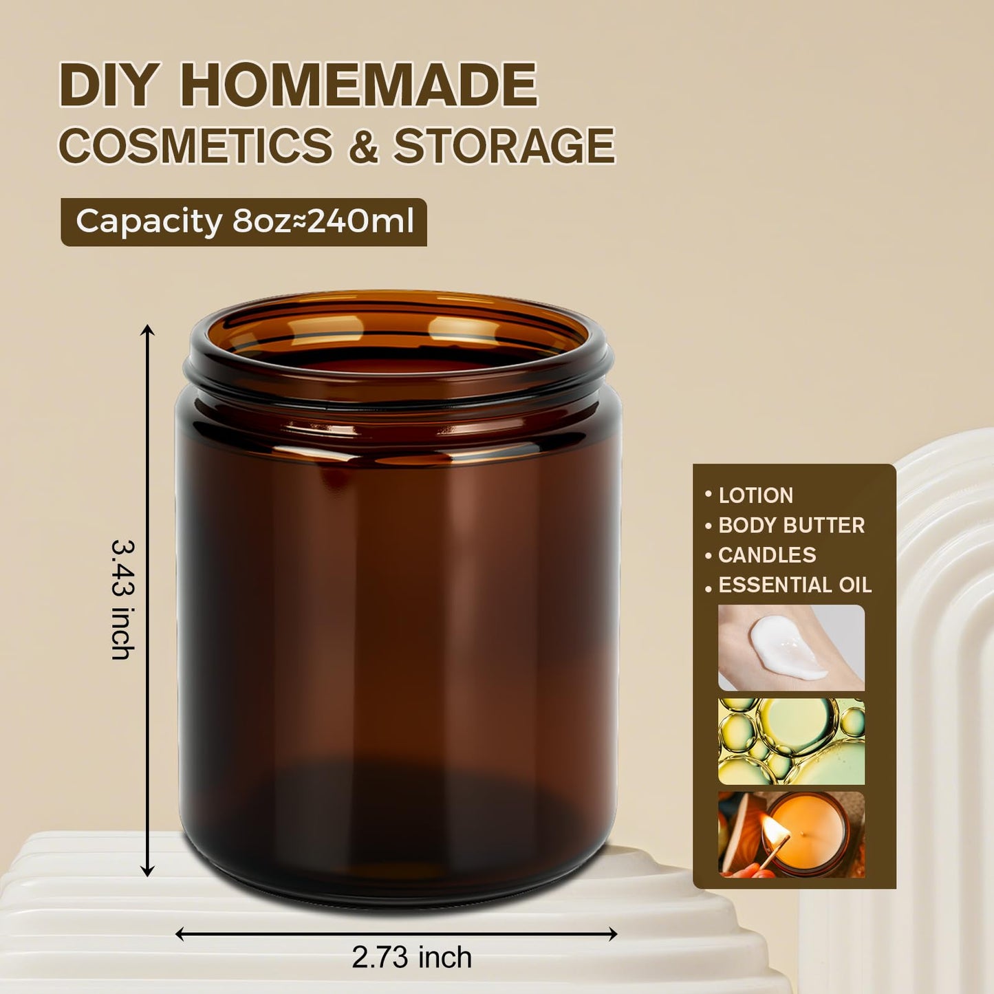 Hoa Kinh 8oz Amber Glass Jars with Lids - 12Pack Empty Airtight Storage Containers for Candle Making, Cosmetic, Spices, Crafts, Food - Refillable, UV Protection, Black Plastic Lid