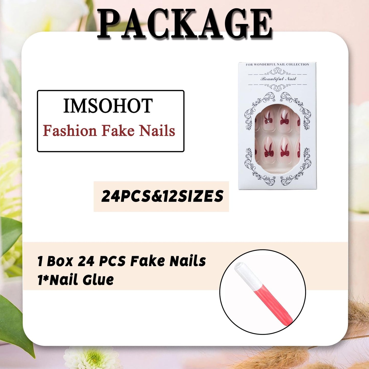 IMSOHOT Press on Nails Medium Almond Fake Nails with Red Bow Design Nude Glossy Full Cover Acrylic False Nails for Women Girls Manicure 24Pcs