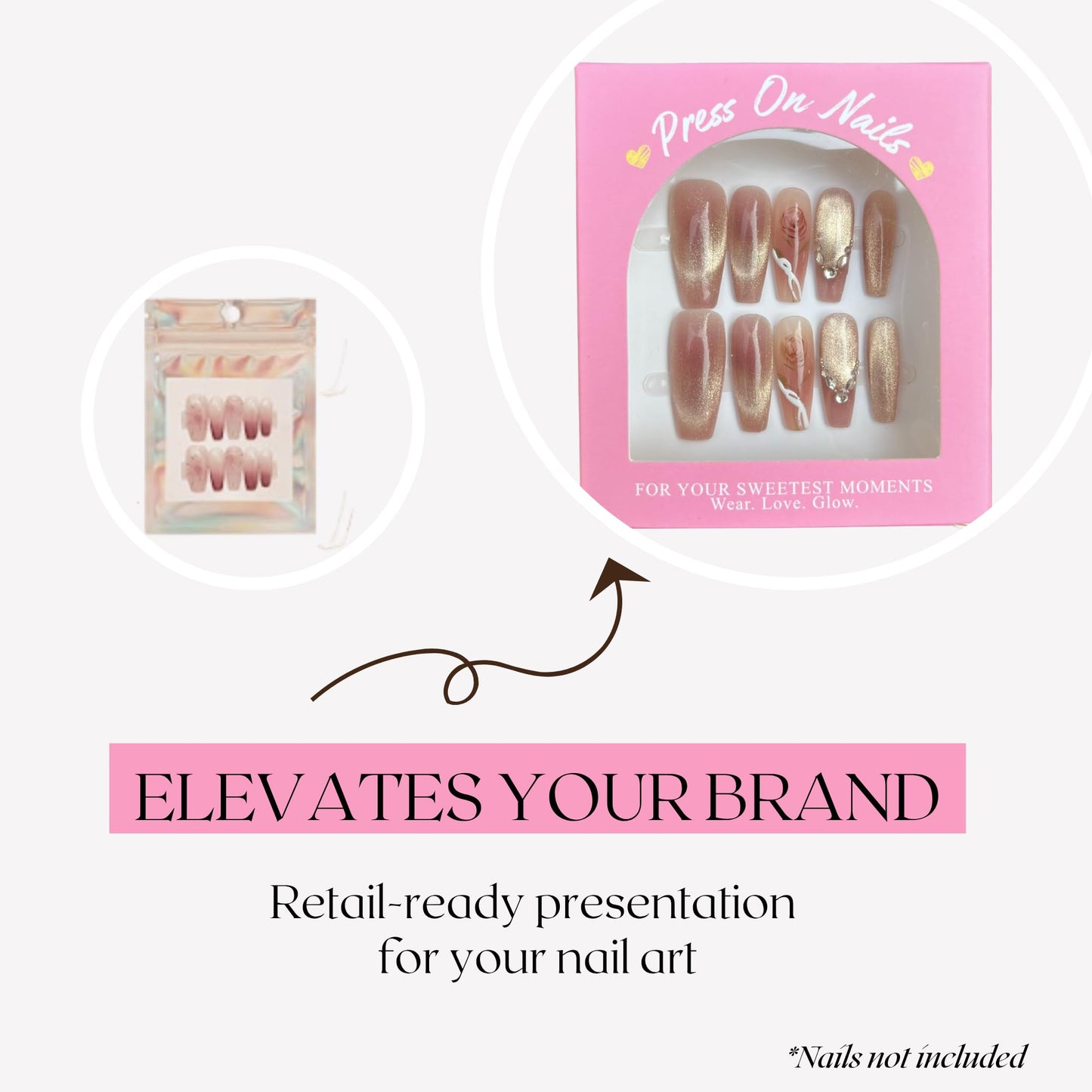 Press On Nails Packaging Boxes Bulk 20 Pack for Nail Tech & Small Business Vendor with 20 Instructions & Signature Cards 30 Adhensive Double Sided Tape 3.5"x3.2" PVC Window
