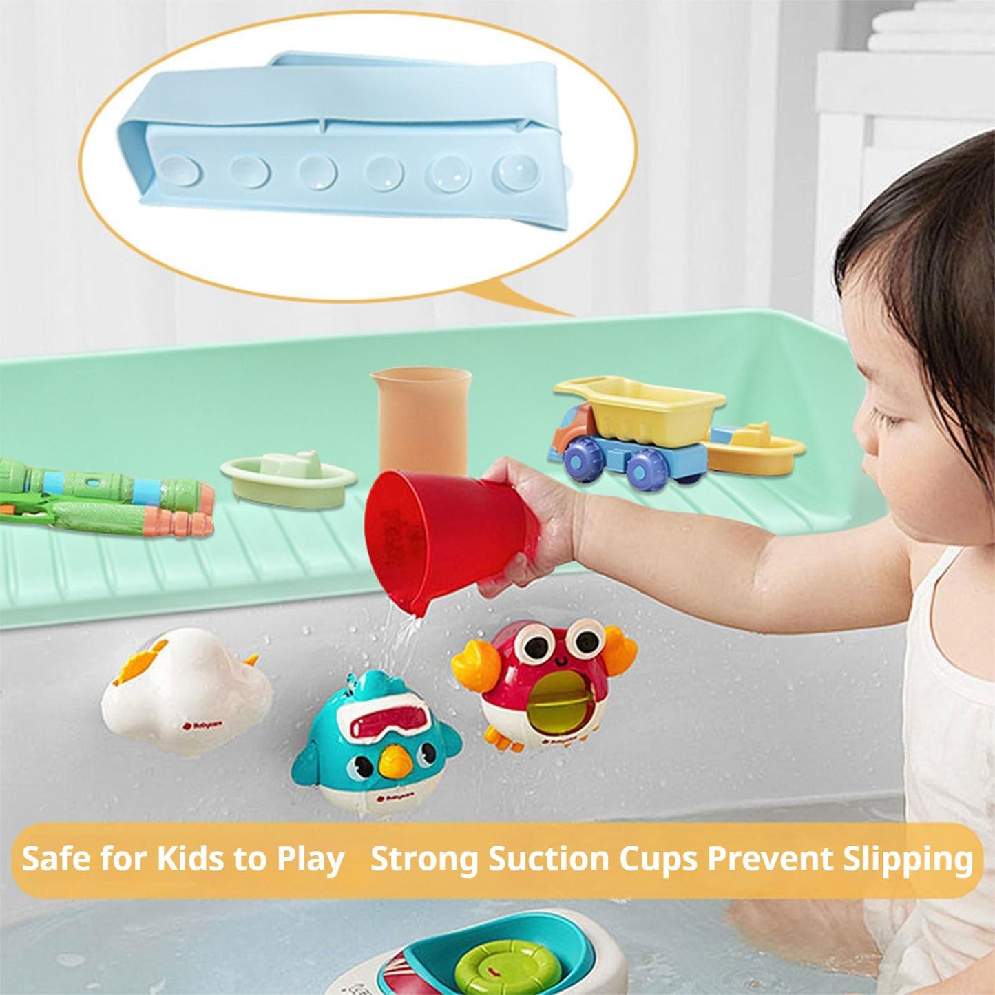 Bathtub Splash Guard for Kids – Silicone Bath Tub Splash Guard with Suction Cups, Tub Topper Play Shelf & Toy Holder, Fun Bath Time for Toddlers Baby (Gray)