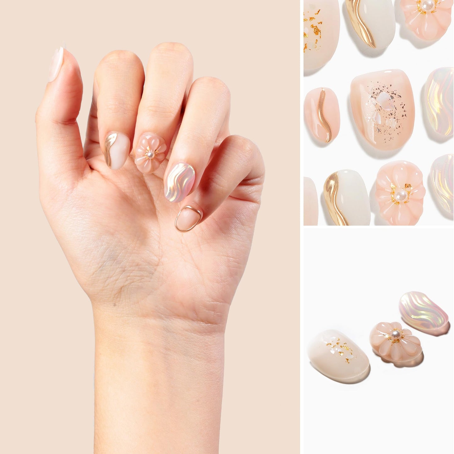 Sun&Beam Nails Handmade Press-on Short Round White Beige Gold 3D Mirror Pearl Design False Nail Tips 10 Pcs (#131 M)