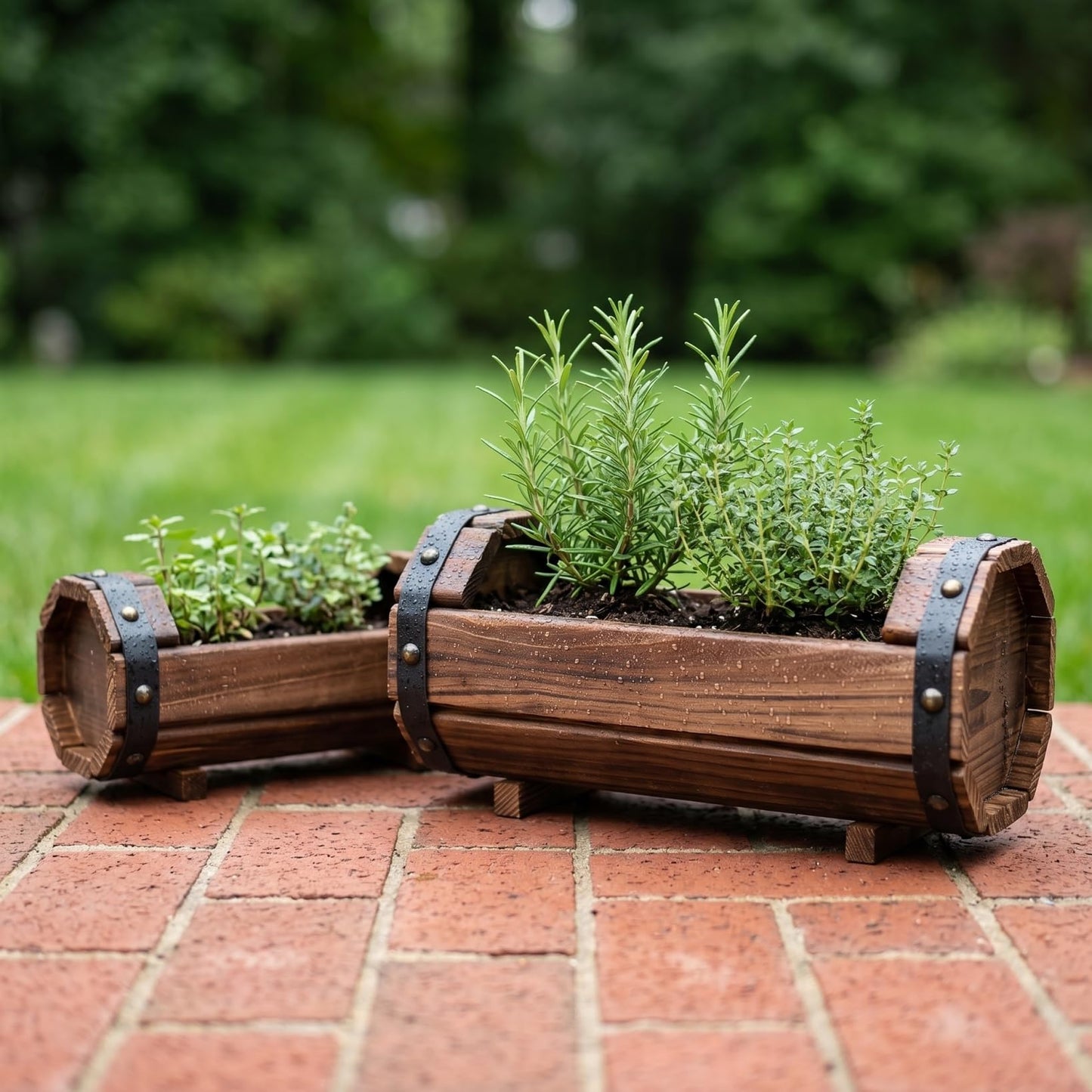 DOITOOL Half Barrel Planters Outdoor, 2 Pack Rustic Solid Wood Flower Pots for Plants, Carbonized Wooden Whiskey Wine Barrel Planter Set for Garden Patio Porch Windowsill Decoration (Brown)