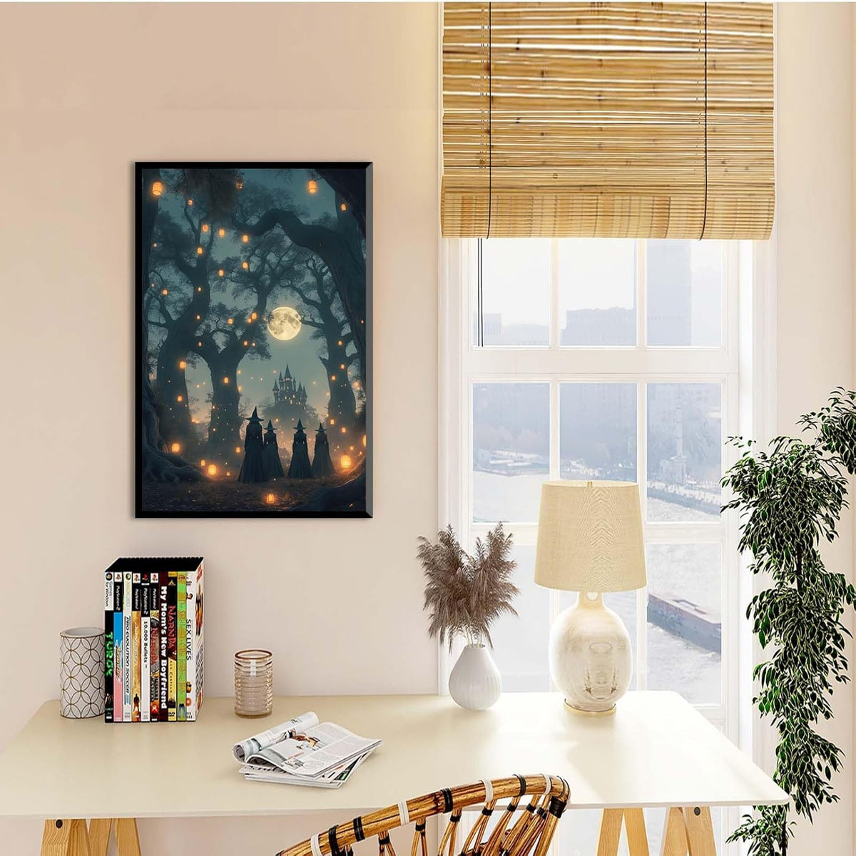 JFHCQJPK Mysterious creek painting witch and castle in magic forest art print canvas gothic print dark college decoration poster for home bedroom20x30in Metal blackFramed
