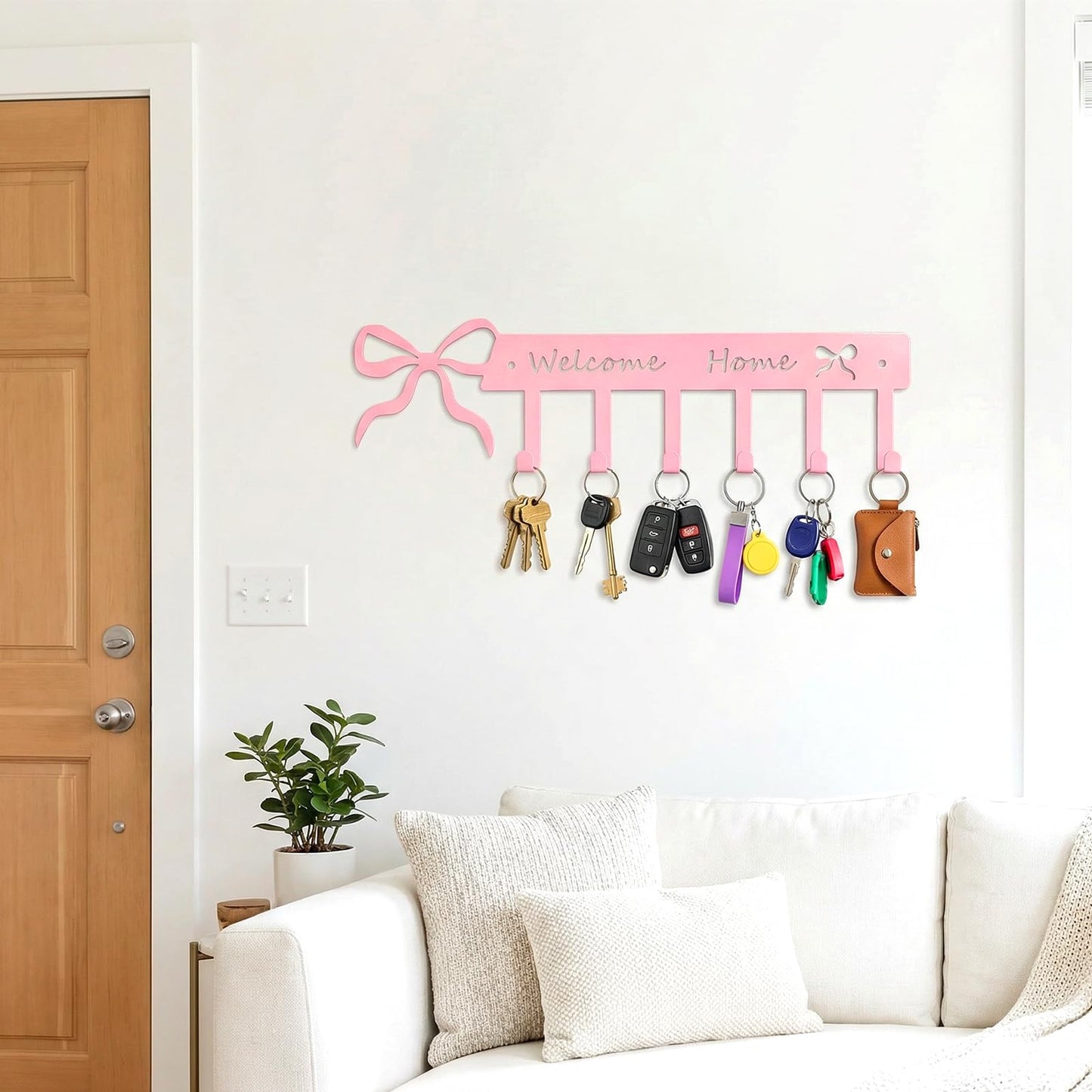 Novabright Pink Bow Welcome Home Key Hook for Wall Pink Bathroom Decor Cute Bow Towel Hooks Coquette Welcome Home Sign Key Holder Wall Mounted Racks 6 Coat Hanger for Bedroom Kitchen Entryway