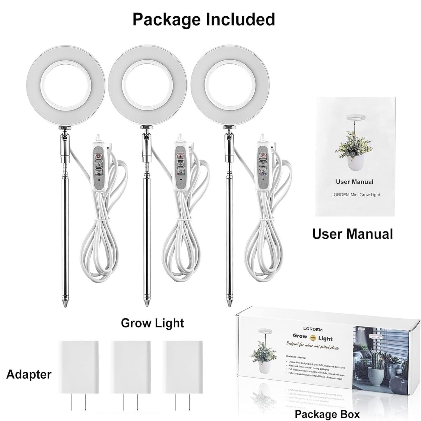 LORDEM Grow Light, Full Spectrum LED Plant Light for Indoor Plants, Height Adjustable Growing Lamp with Auto On/Off Timer 4/8/12H, 4 Dimmable Brightness, Ideal Small Pack of 3, Warm White