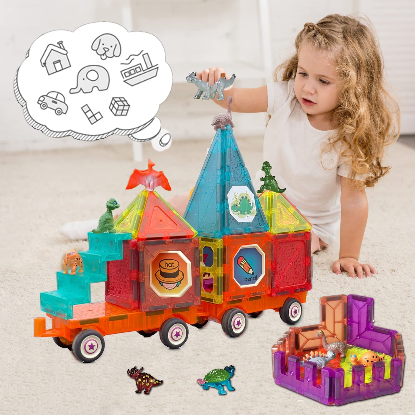 BUBUQE Magnetic Tiles Building Blocks with 4 Cars Magnet Train Set for Kids Construction STEM Toy Preschool Educational Creativity Learning Brithday Gift for Girls Boys Toddlers 3 4 5 6 7 8
