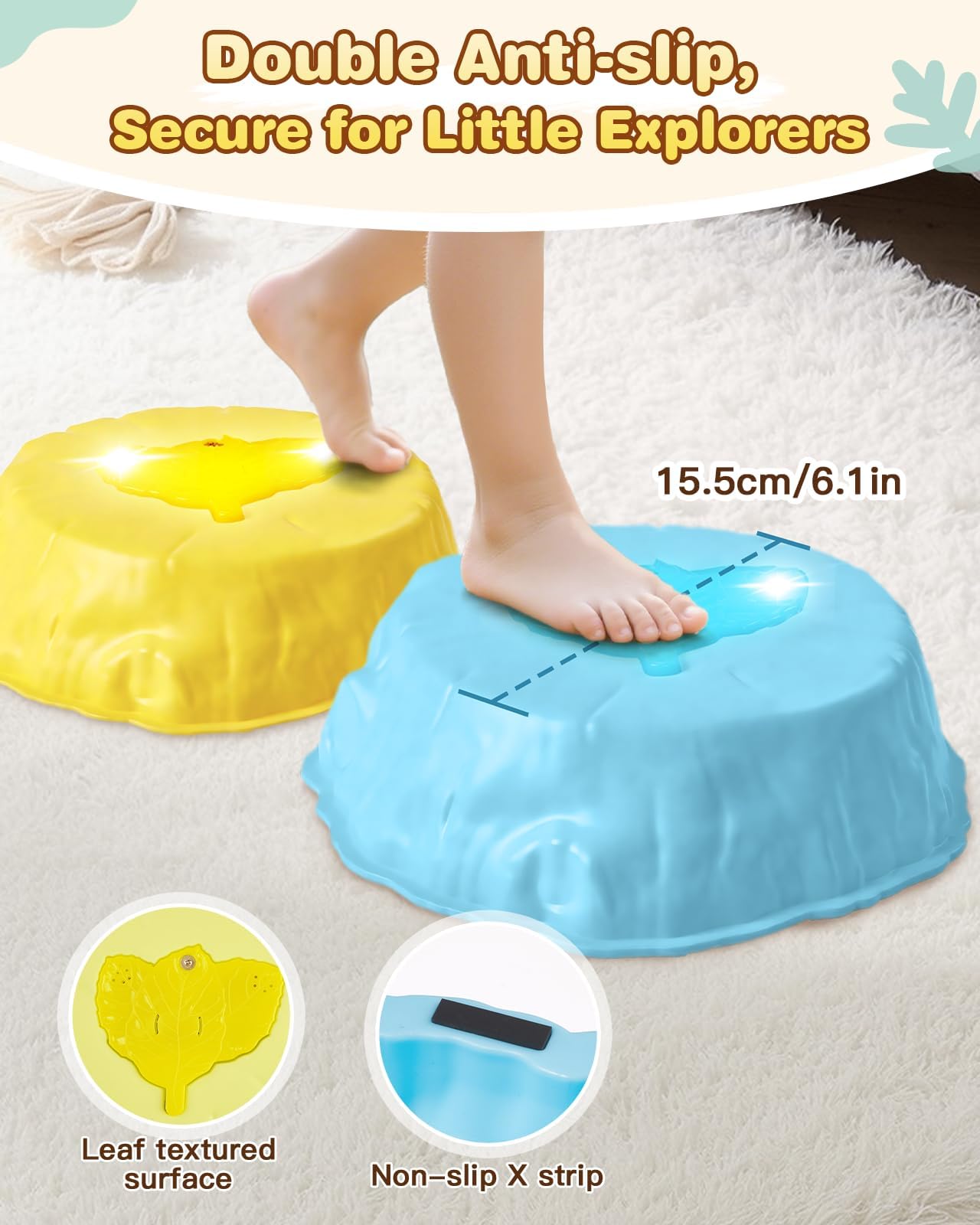 Gleamkid Light Up Stepping Stones for Kids with Music: 6PCS Thicker Double Non-Slip Balance Stepping Stones with Rainbow Spinner, Indoor Outdoor Sensory Toy for Toddlers Ages 3+, Boys & Girls Gifts
