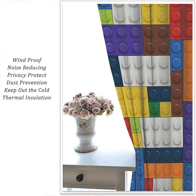 Kids Boy Curtain Blocks Toy Abstract Outline Colorful Geometric Brick Print Curtain for Boys Girls Nursery Room Curtains 84x84 Inch 2 Panels(Decor Curtains