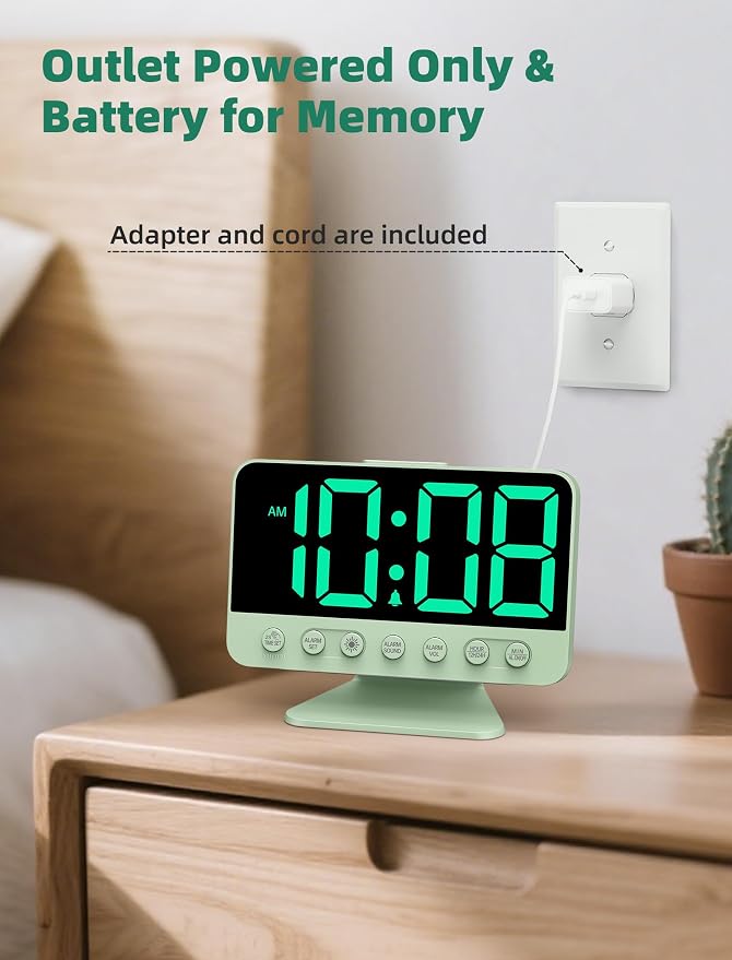 Odokee Digital Alarm Clocks for Bedrooms with Large Bold Number | Electric Desk Clock with Night Light & Brightness Dimmer - Loud Alarm for Heavy Sleepers with Adjustable Volume - Sage Green