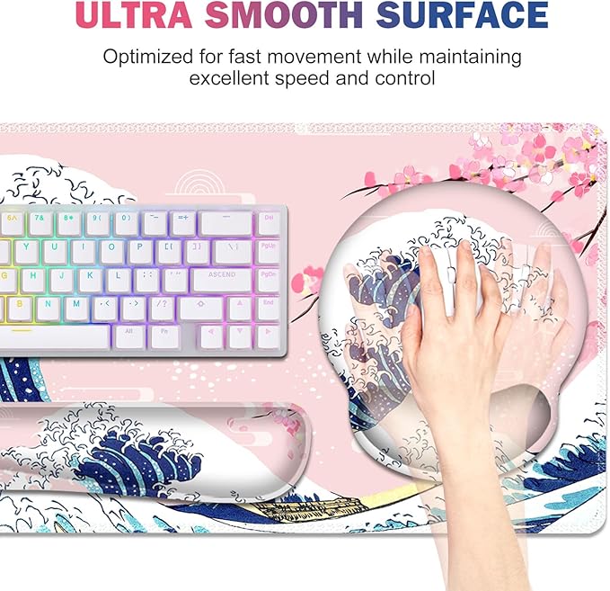 Gaming Mouse Pad, Large Desk Mat, Cute Desk Pad Protector, Pink Cherry Blossoms XXL Mousepad + Keyboard Wrist Rest+Mouse Wrist Rest+Coaster Set with Ergonomic Desk Pad, Japanese Wave of Kanagawa