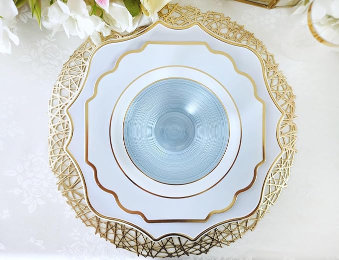 " OCCASIONS " 10 Pieces 13.25'' Scalloped Disposable/Reusable Plastic Charger Plates for Wedding, (Scalloped Imperial Blue & Gold)