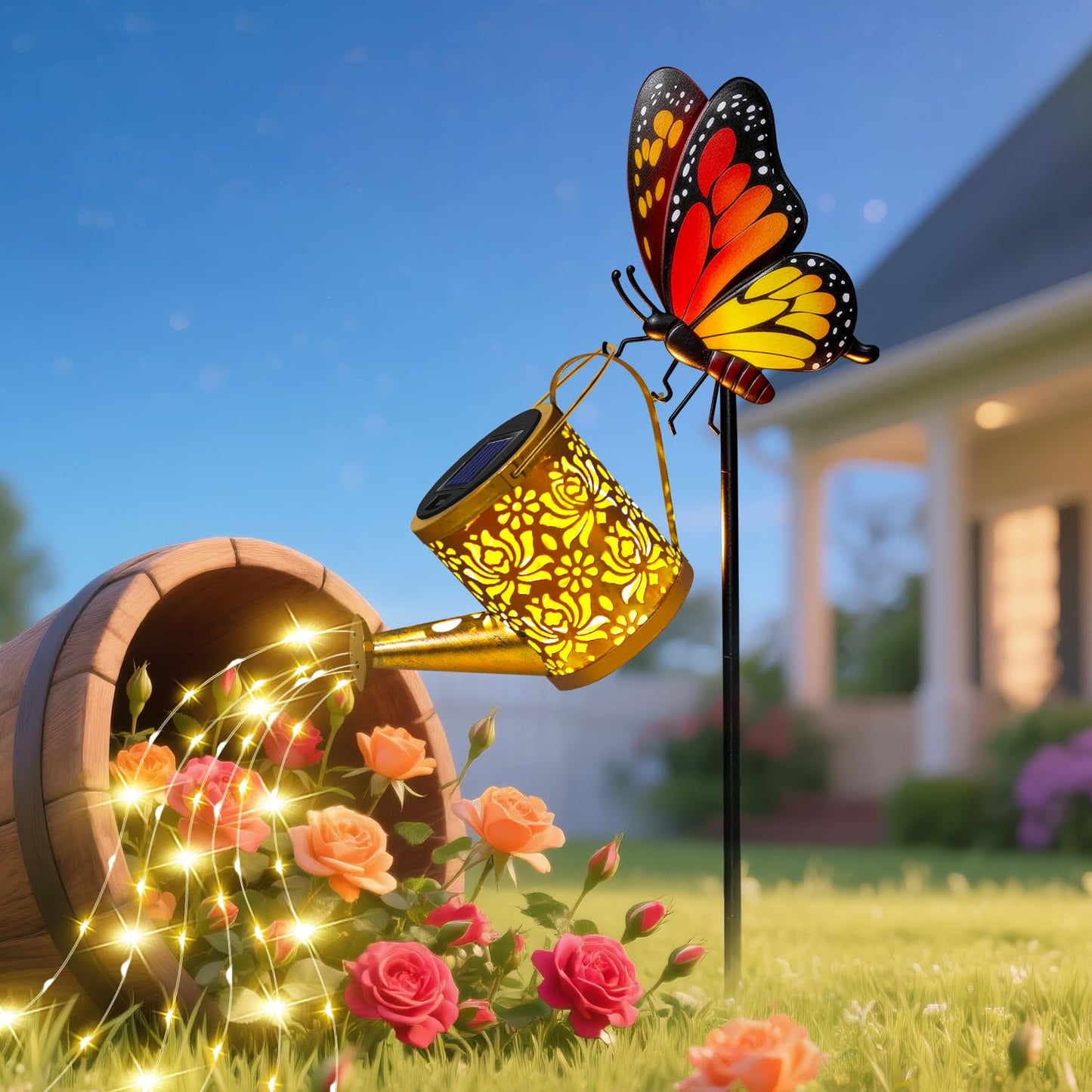 yeuago Solar Lights Outdoor Decorative, Watering Can with Cascading LED Lights on Butterfly Shepherd's Hook, Solar Garden Stake Decor for Yard, Mothers Day Gift for Women Mom