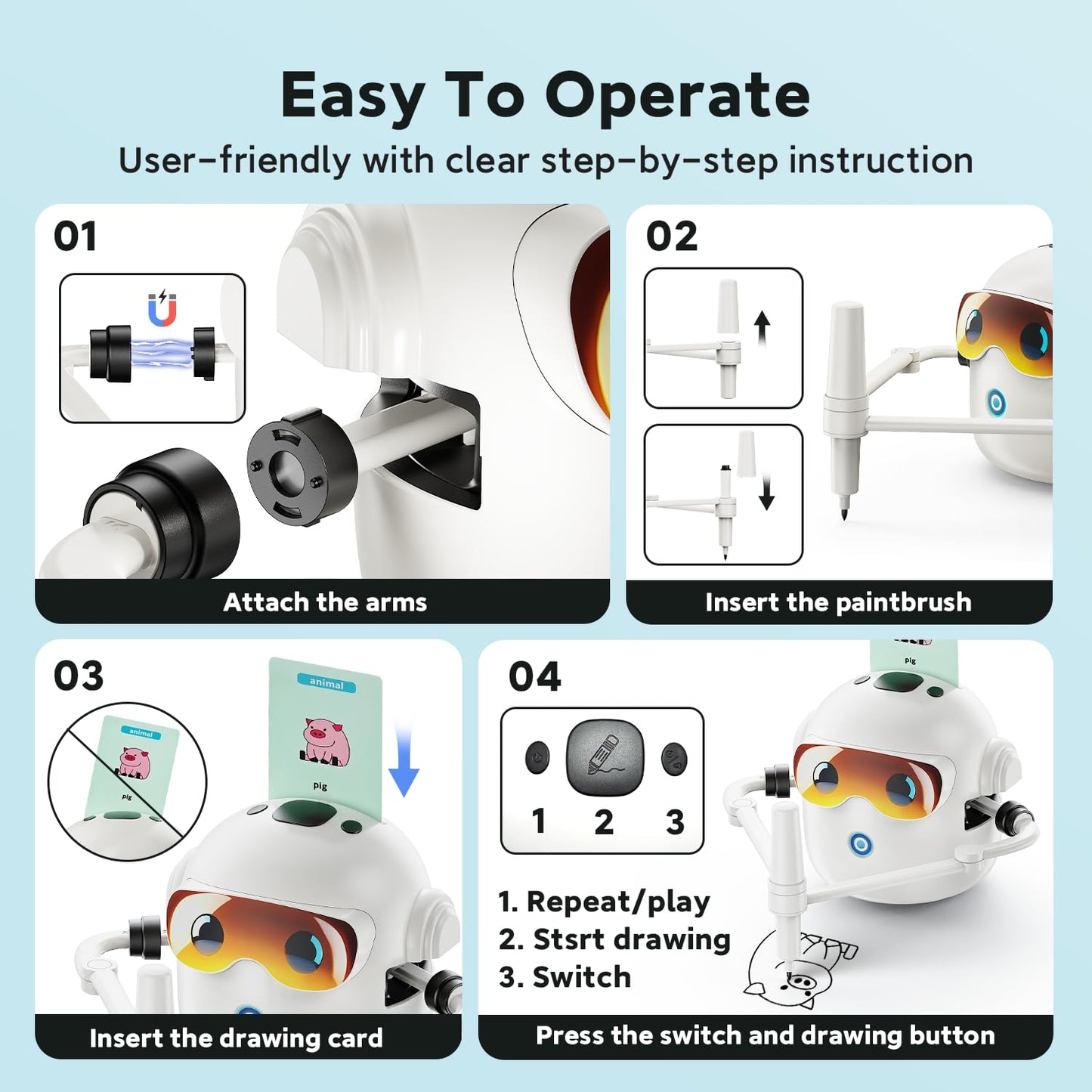 Ytcx.Tech Drawing Robot for Kids, Interactive Montessori Educational Drawing Machine with 100 Cards, Smart Painting Learning Robot Toy for 3 4 5 6 7 8 Year Old Boys Girls Birthday Gift