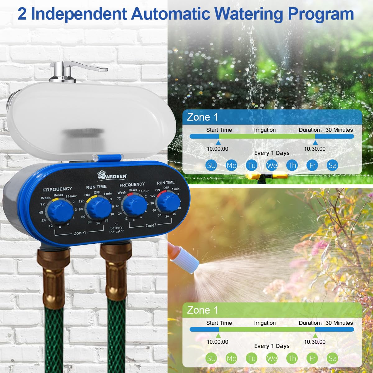 Yardeen Watering Hose Sprinkler Timer Garden Irrigation System Controller Electronic Water Timer with Two Outlets Color Blue